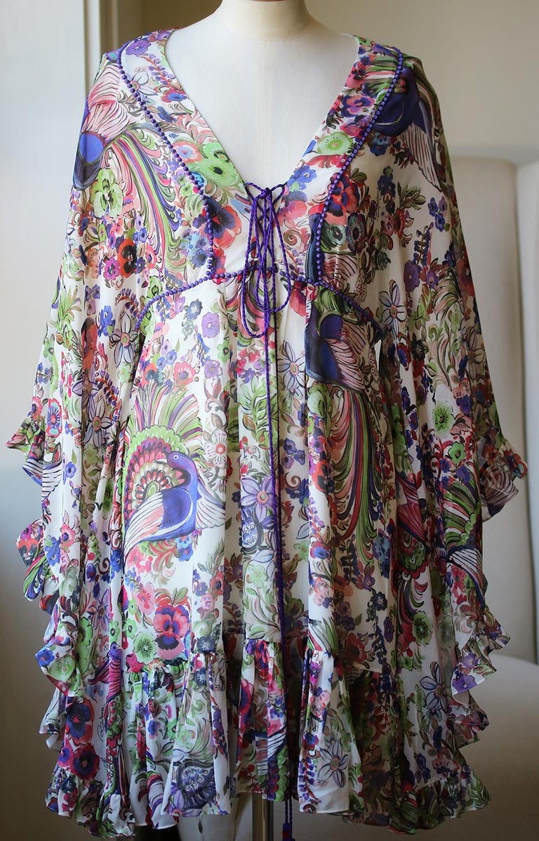 Roberto Cavalli Floral-Print Ruffled Silk Dress For Sale at 1stDibs