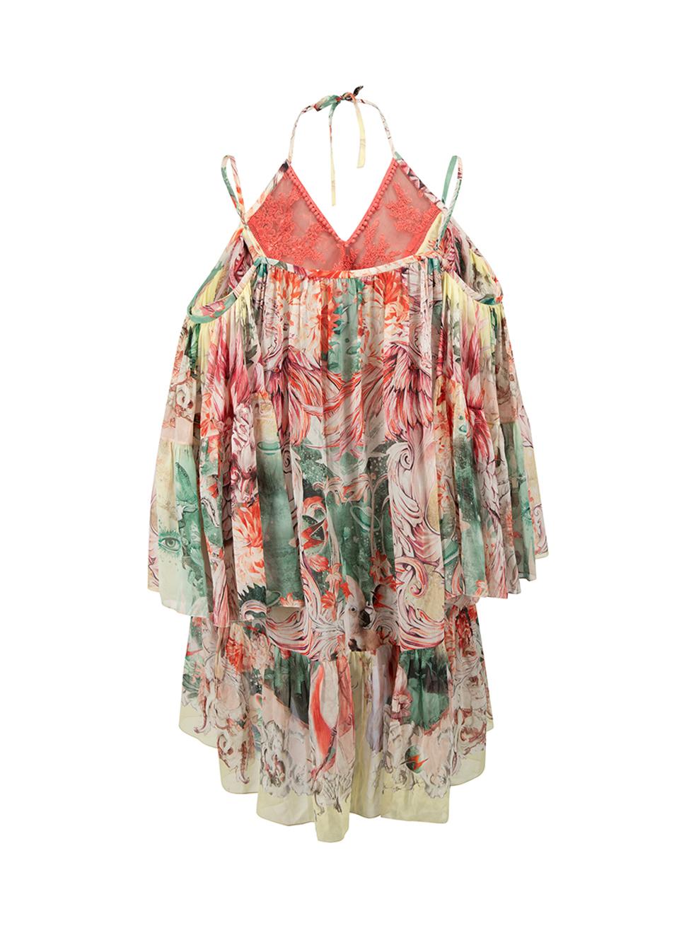 Roberto Cavalli Floral Ruffle Cold Shoulder Dress Size S In Good Condition For Sale In London, GB