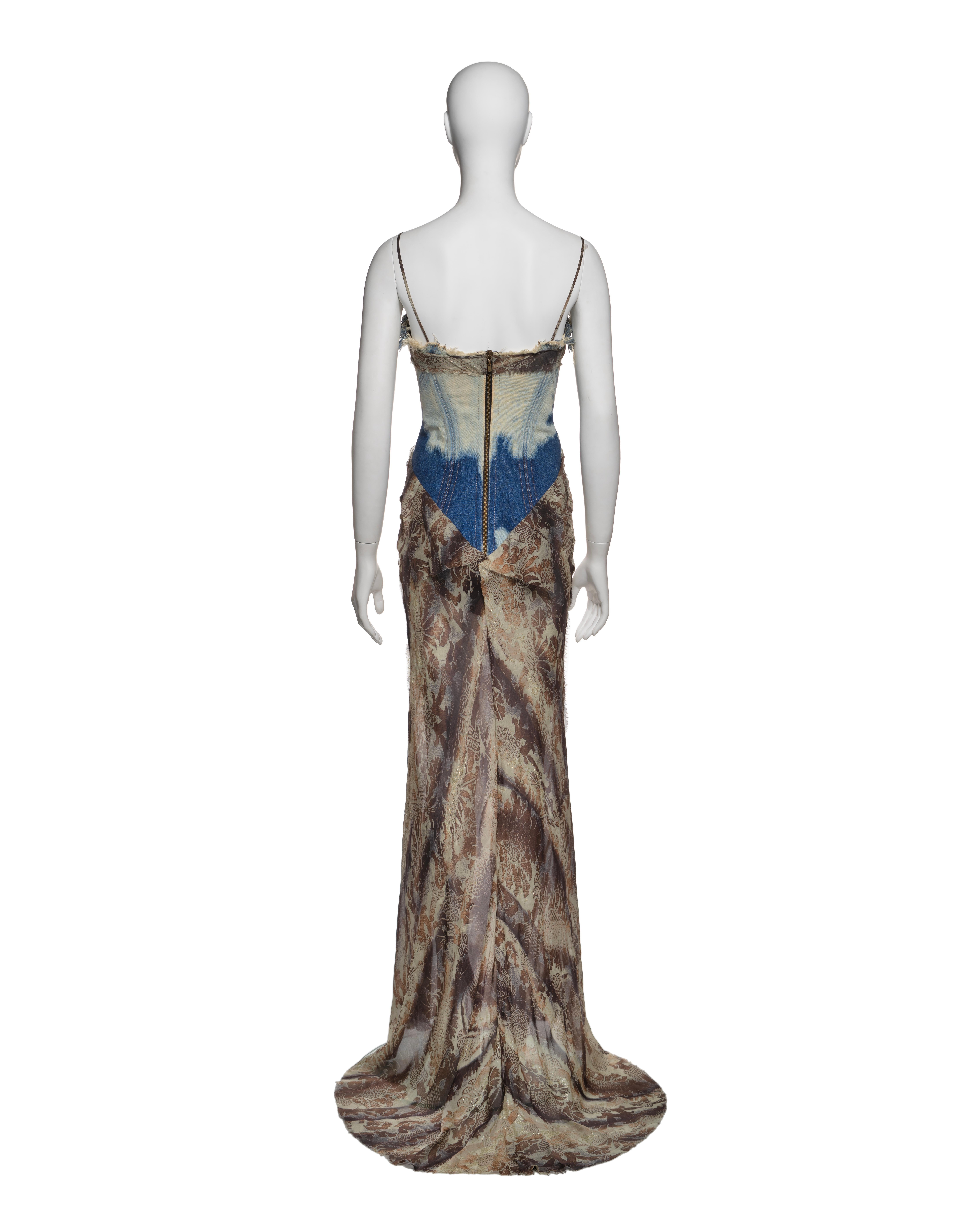 Roberto Cavalli Floral Silk Dress with Built-In Bleached Denim Corset, FW 2001 7