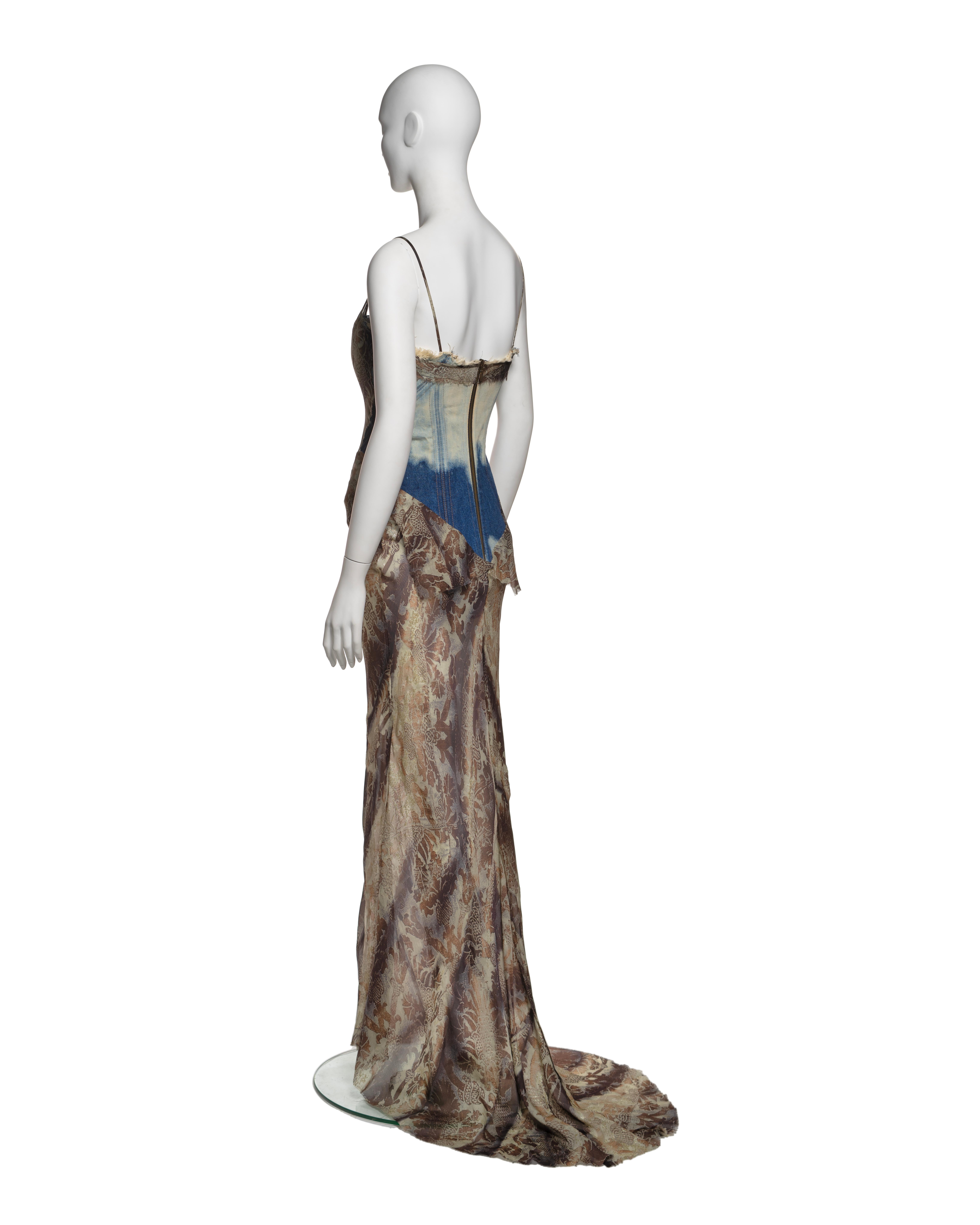 Roberto Cavalli Floral Silk Dress with Built-In Bleached Denim Corset, FW 2001 8