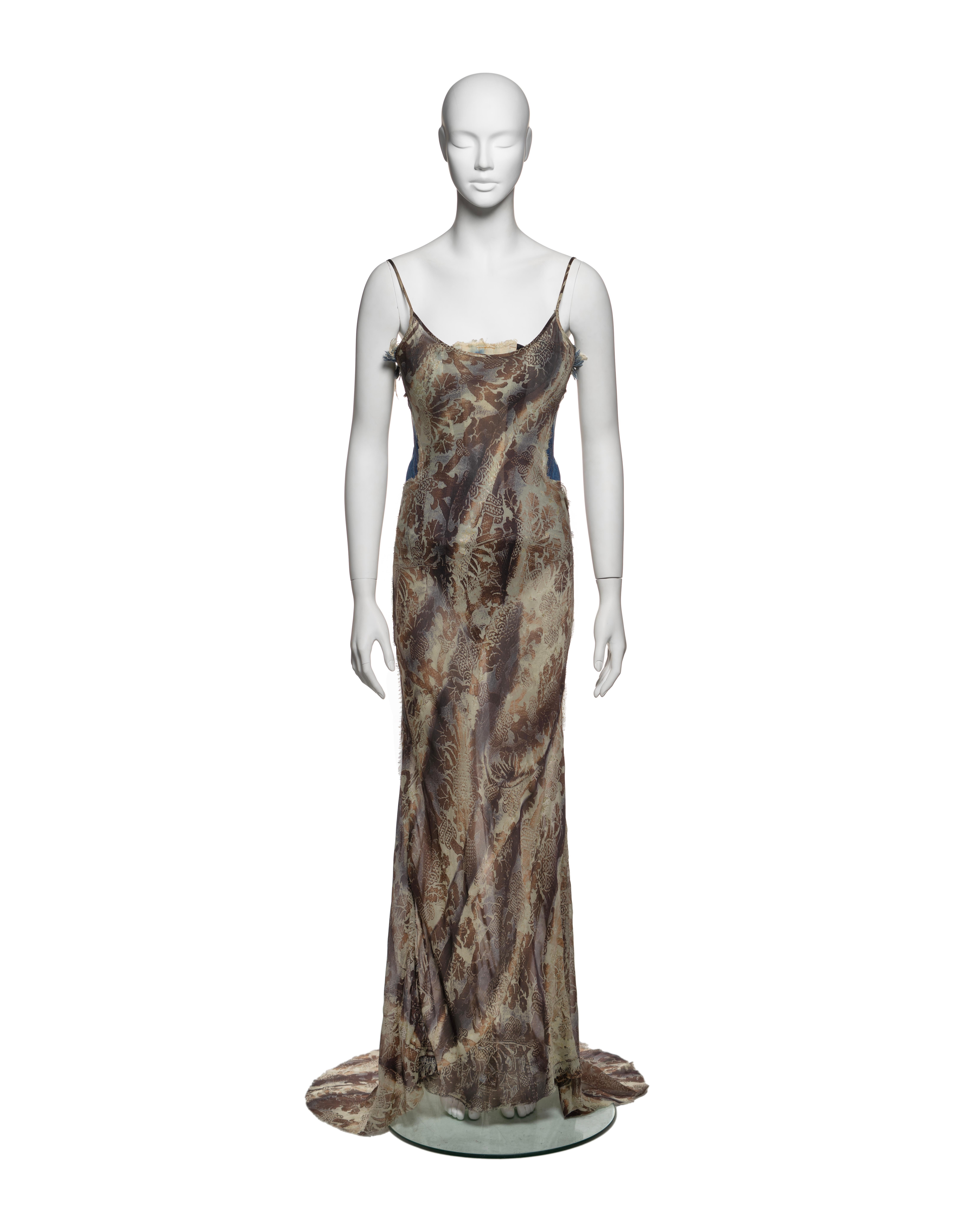 Roberto Cavalli Floral Silk Dress with Built-In Bleached Denim Corset, FW 2001 In Excellent Condition In London, GB
