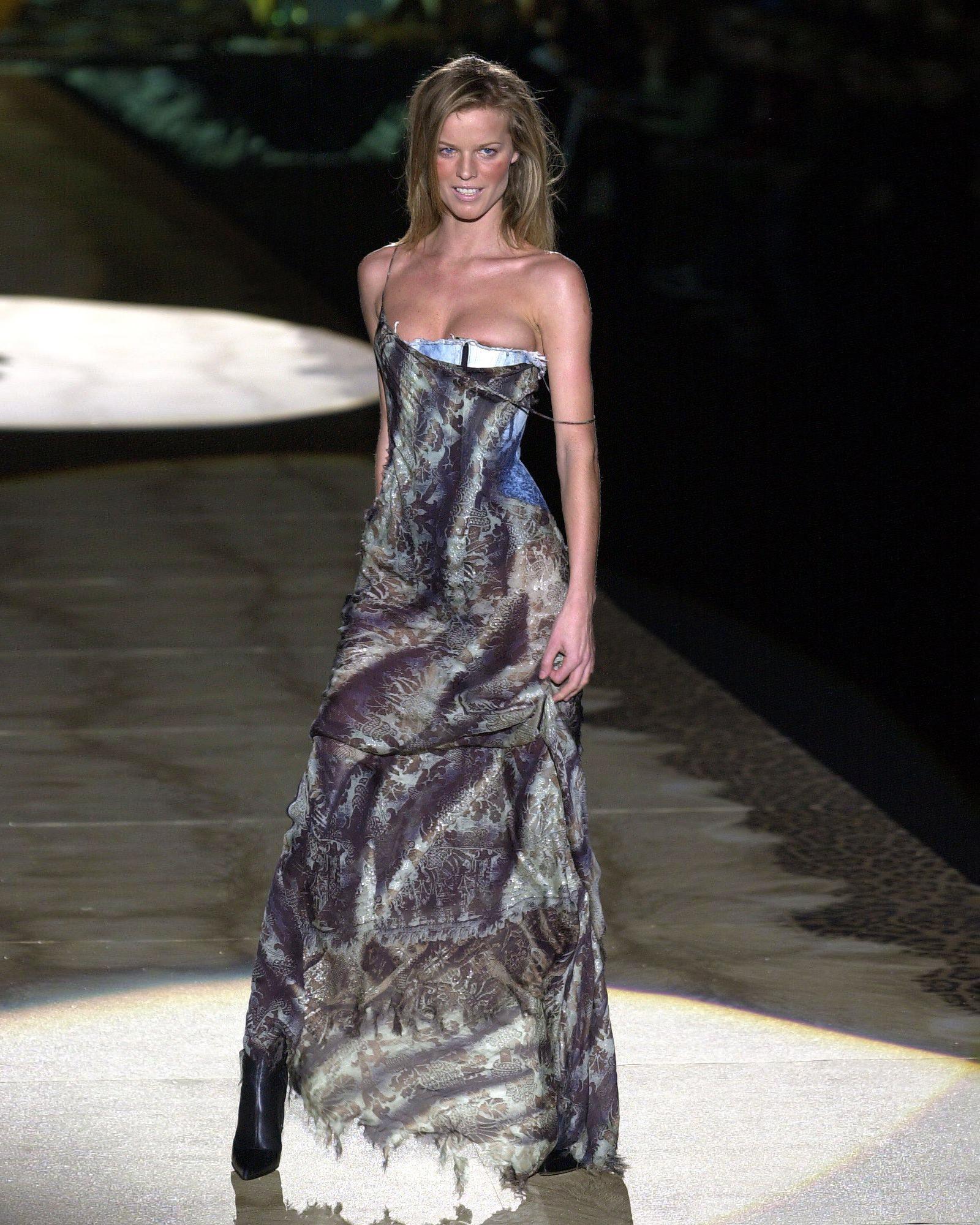 Roberto Cavalli Floral Silk Dress with Built-In Bleached Denim Corset, FW 2001 1
