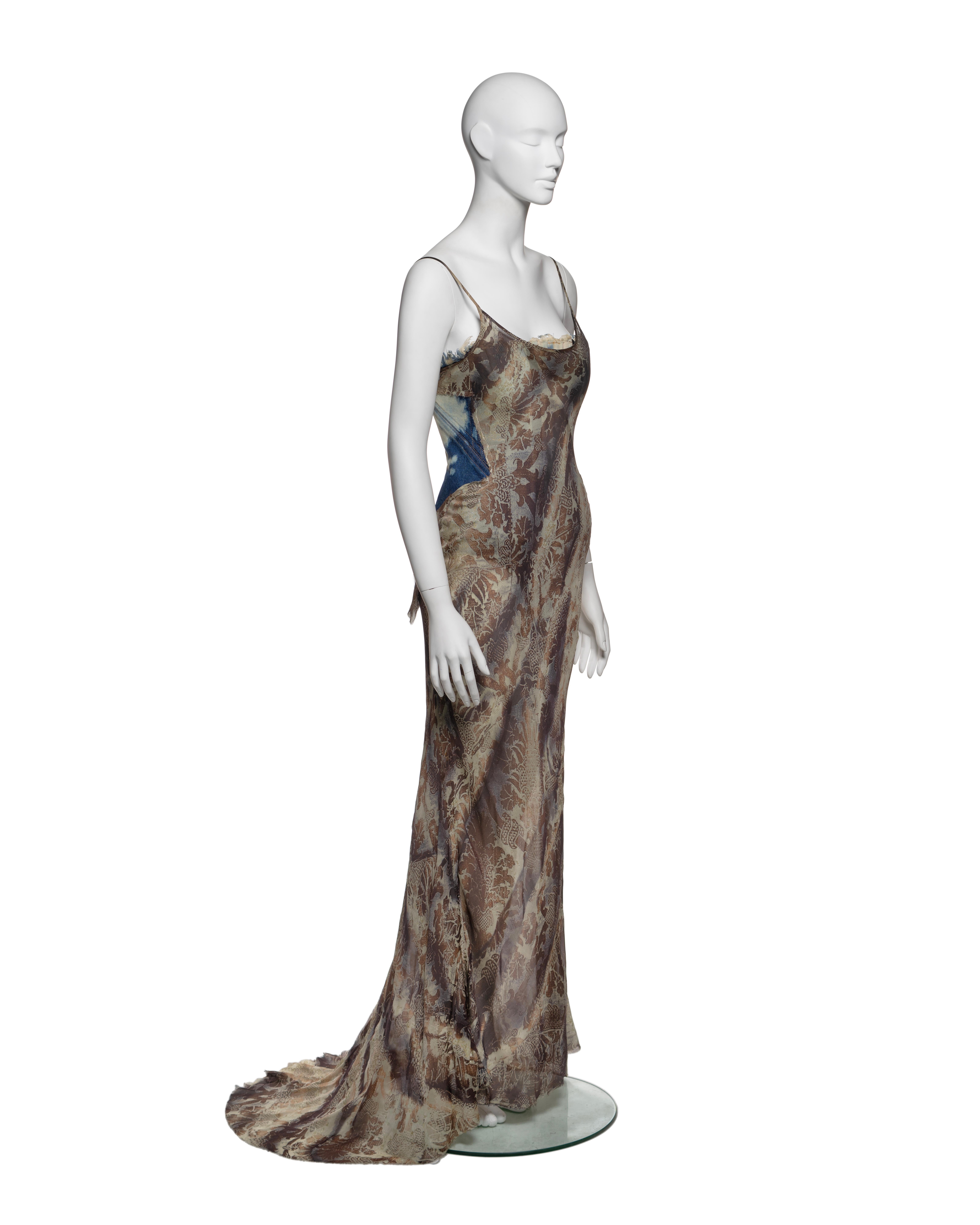 Roberto Cavalli Floral Silk Dress with Built-In Bleached Denim Corset, FW 2001 2