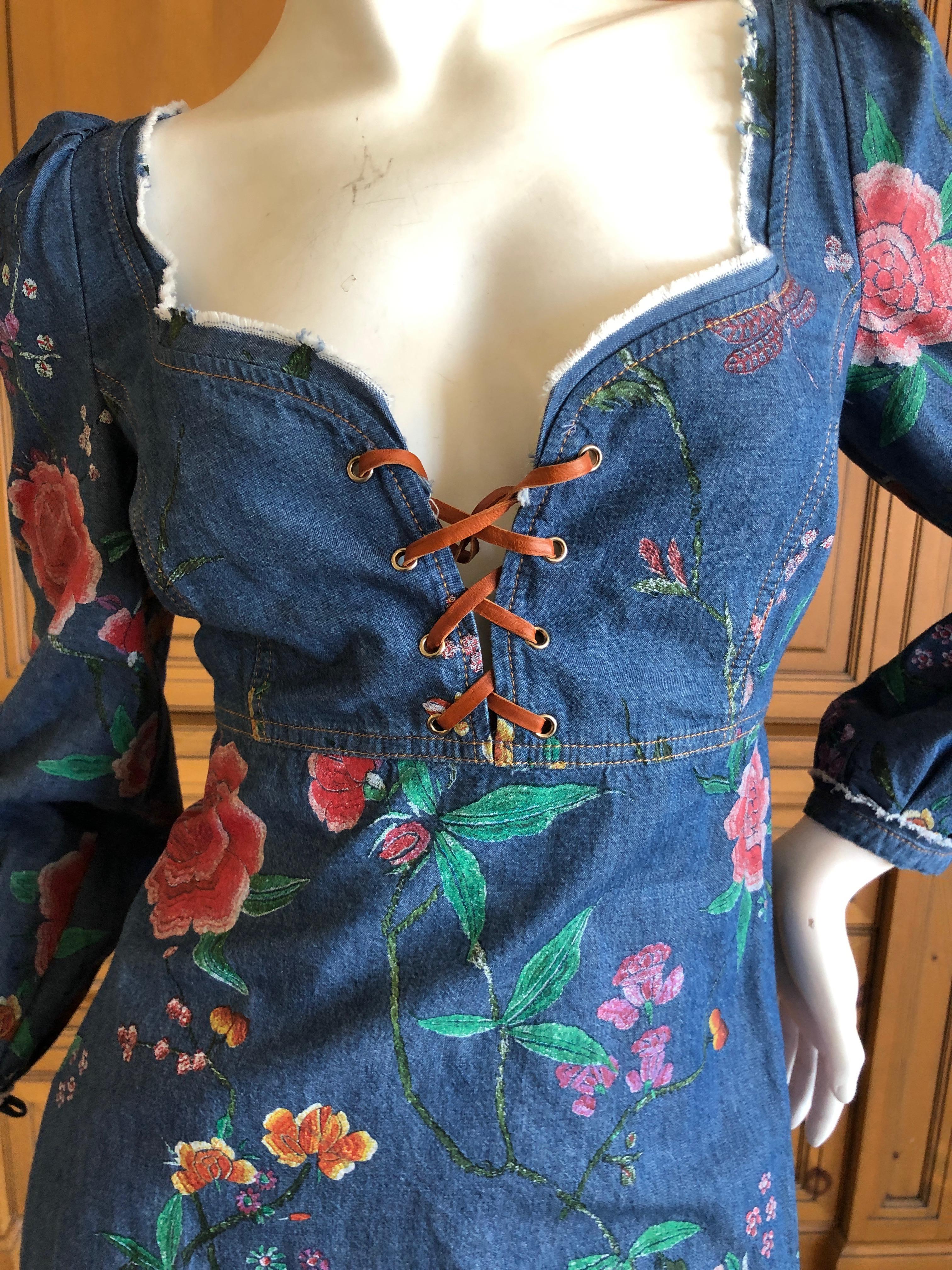 Roberto Cavalli Folkloric Rose Print Denim Cocktail Dress with Lace Up Details
So sweet and sexy.
Size 40
 Bust 34