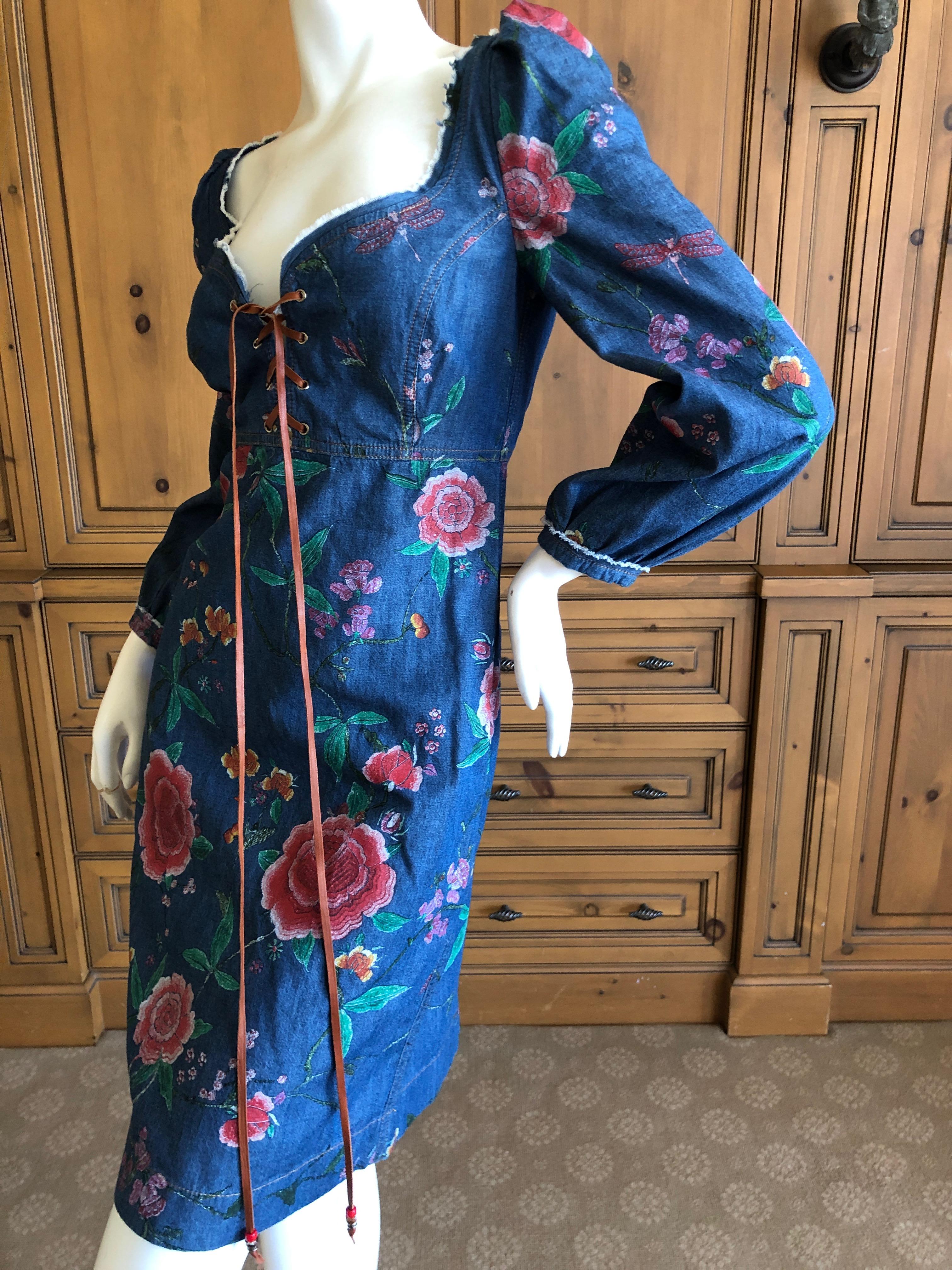 Roberto Cavalli Folkloric Rose Print Denim Cocktail Dress with Lace Up Details In Excellent Condition For Sale In Cloverdale, CA