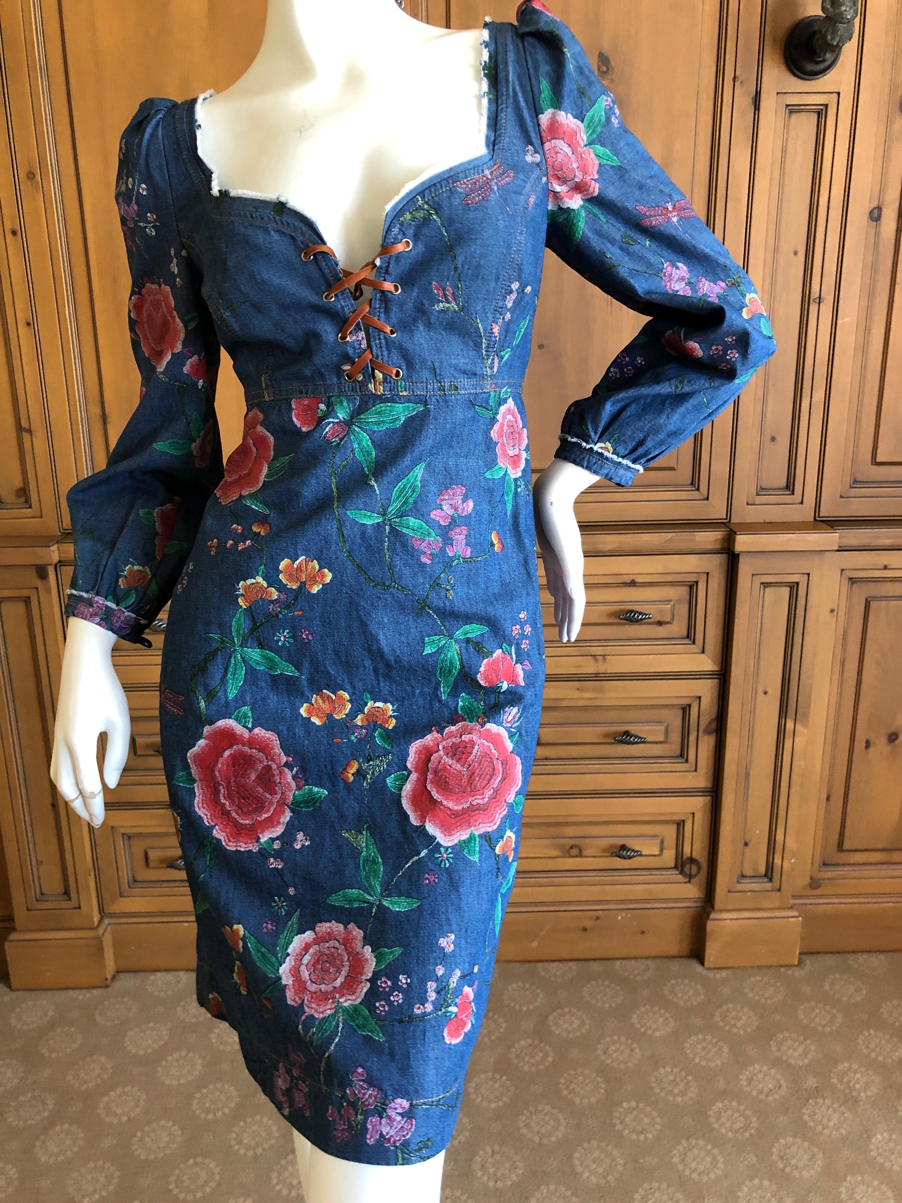 Roberto Cavalli Folkloric Rose Print Denim Cocktail Dress with Lace Up Details For Sale 1