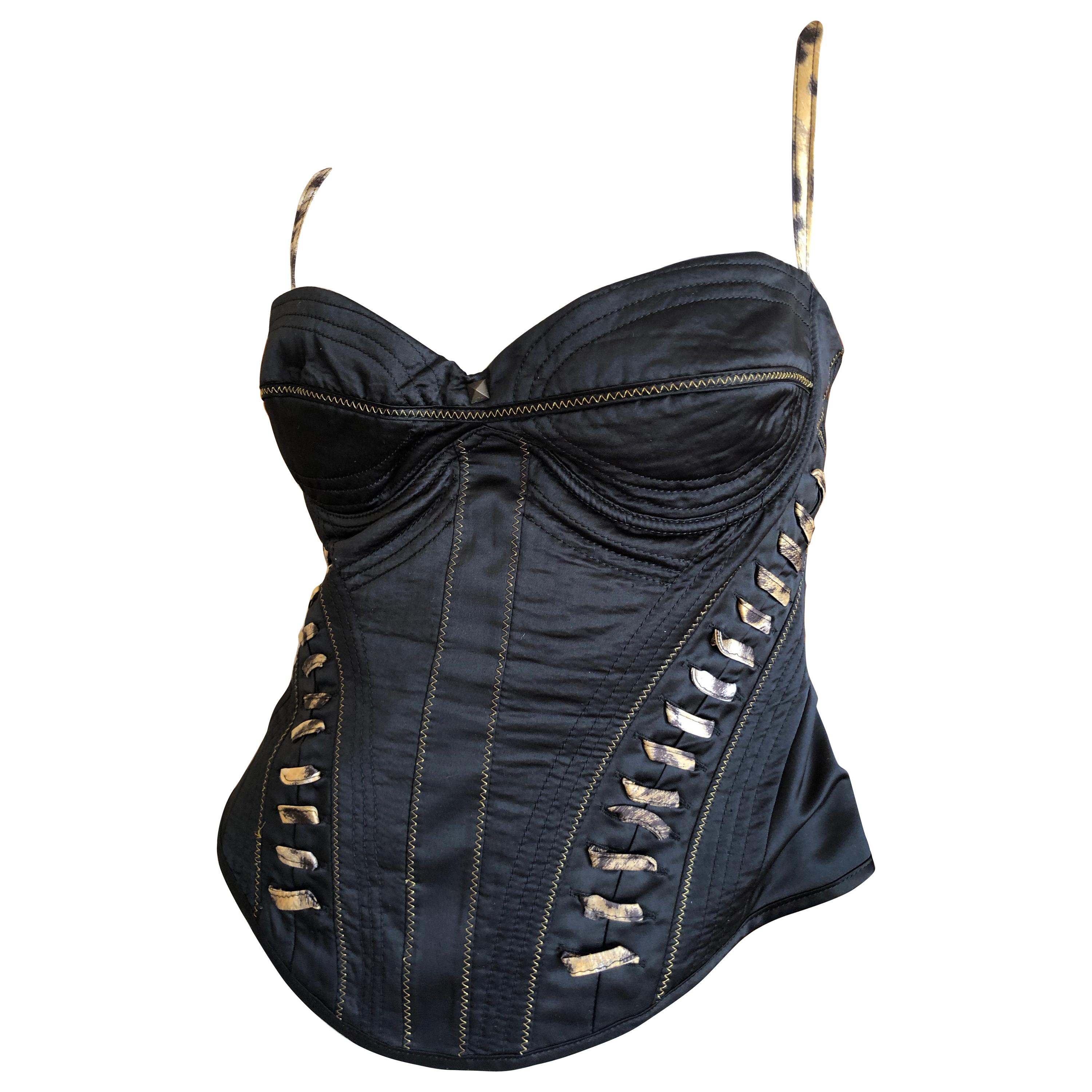 Roberto Cavalli for Just Cavalli Black Corset with Leopard Print Lace Up Details For Sale
