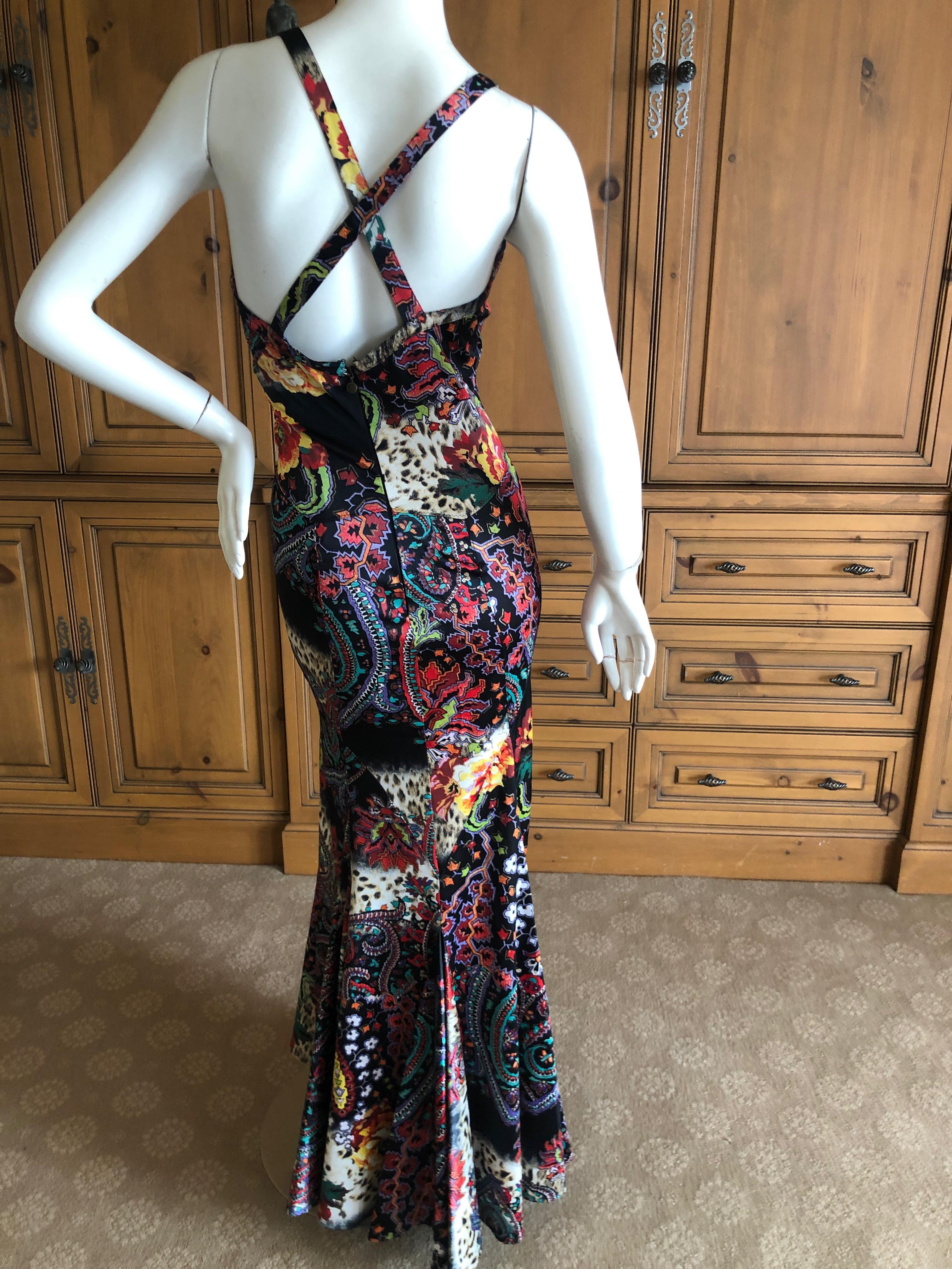 Roberto Cavalli for Just Cavalli Colorful Vintage Racerback Mermaid Dress.
Wonderful colors, there is a lot of gold , which doesn't show well in the photos.
So pretty
Size 42, there is a lot of stretch
 Bust 34
