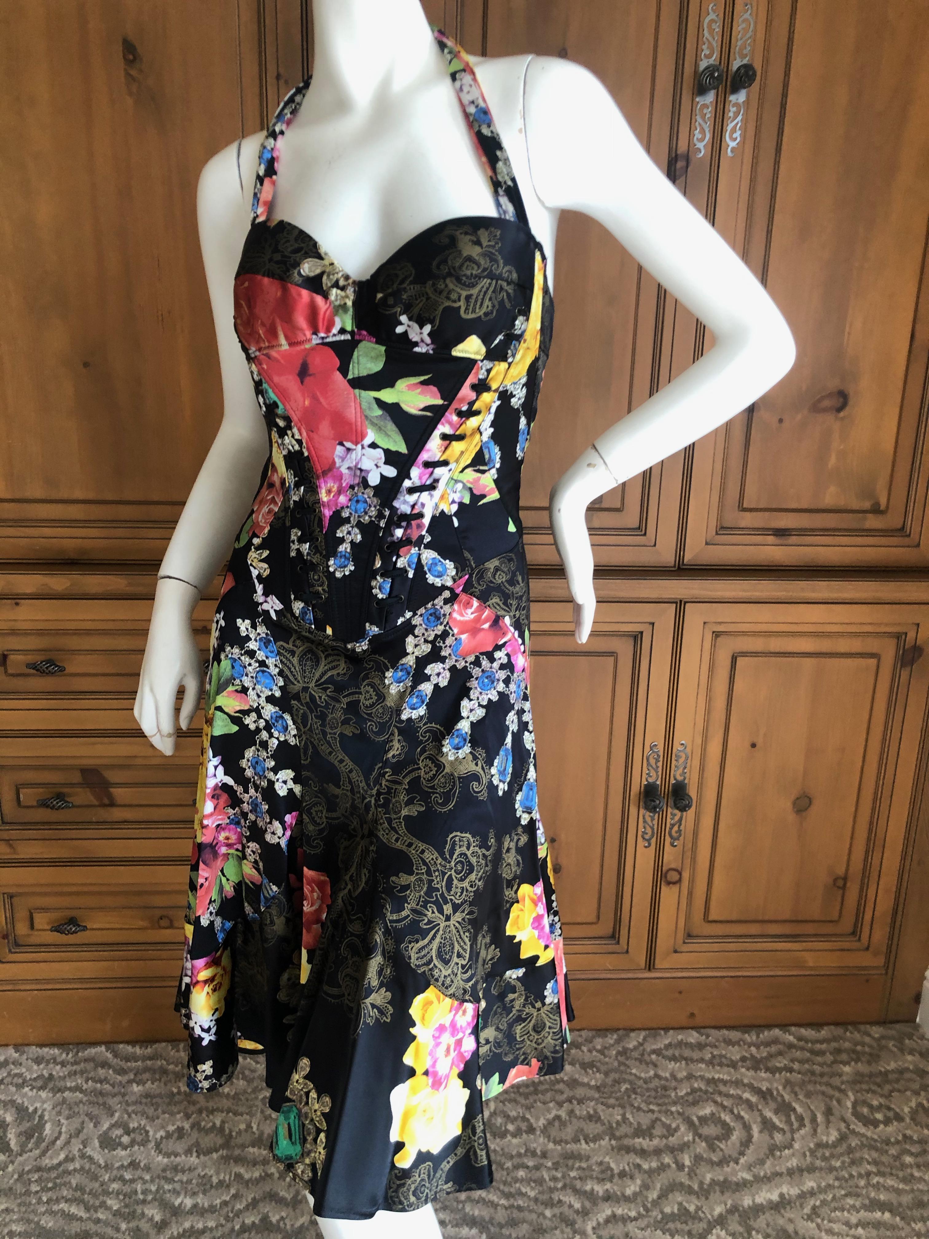 Roberto Cavalli for Just Cavalli Floral Dress with Corset Like Details. 
This is so pretty, with a lot of stretch.
Size 42
Bust 36