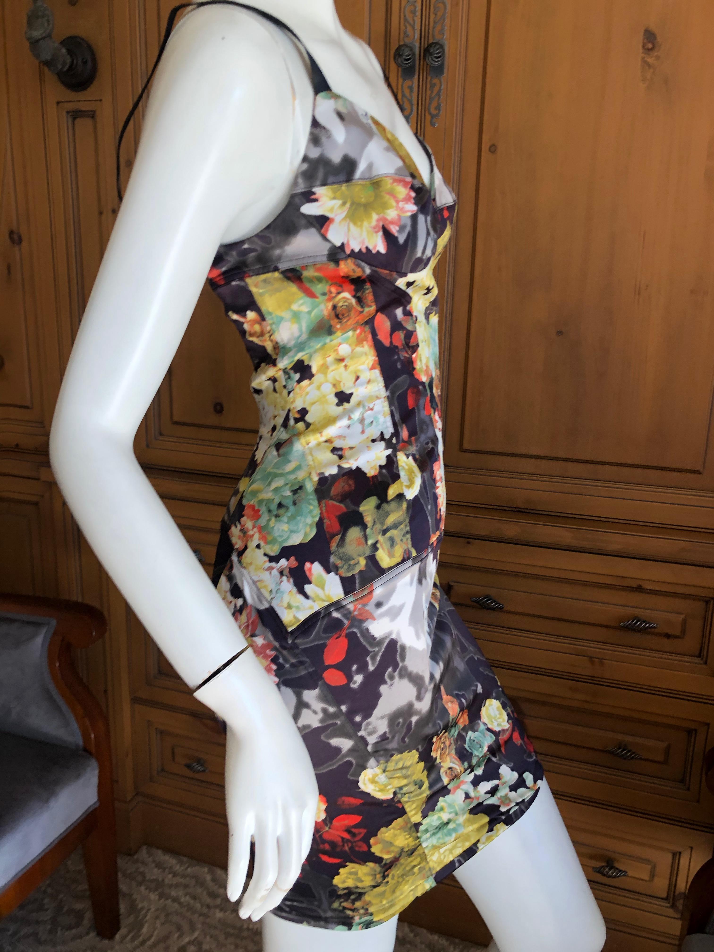 Black Roberto Cavalli for Just Cavalli Floral Dress with Corset Like Details For Sale