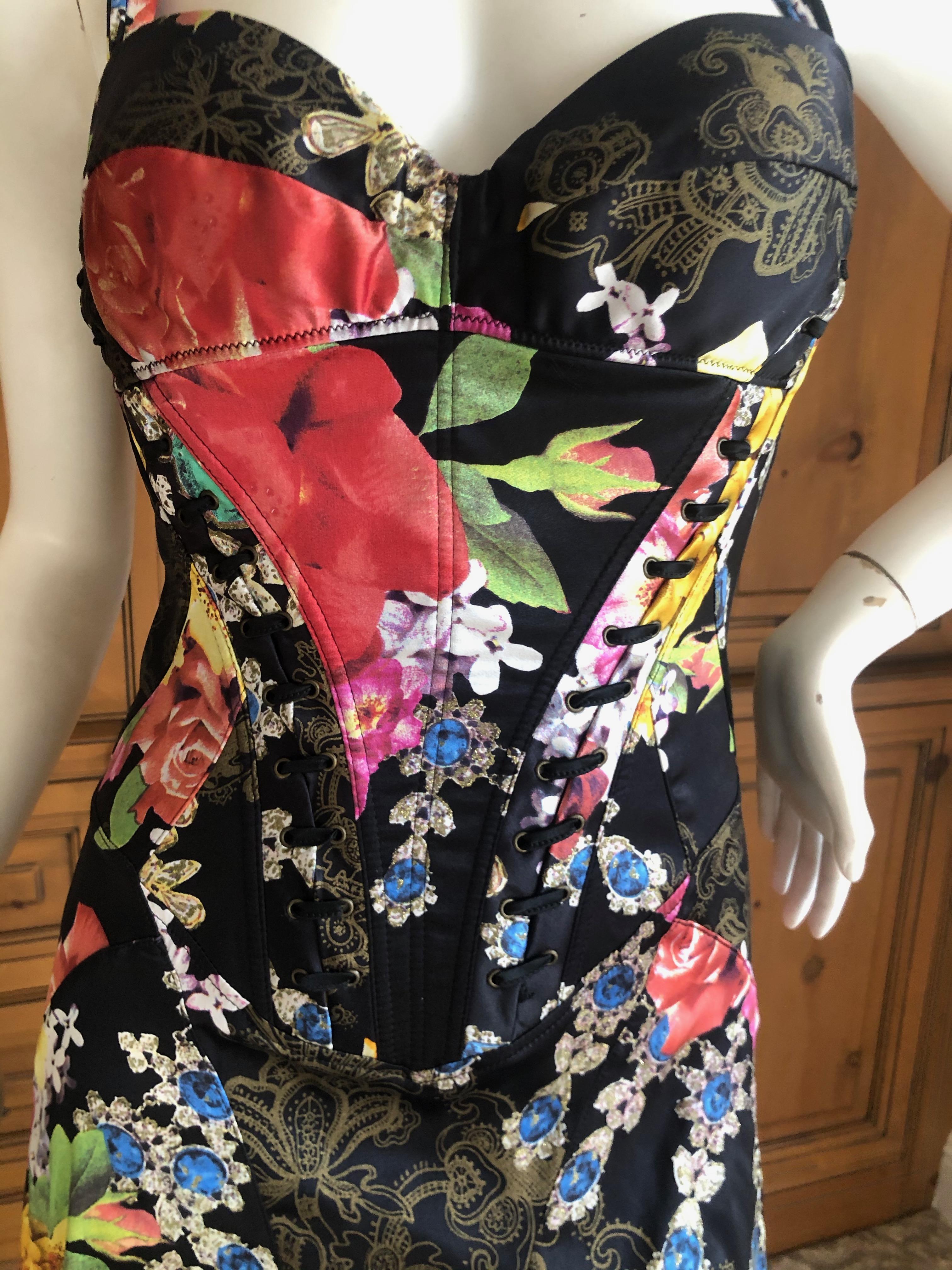 Roberto Cavalli for Just Cavalli Floral Dress with Corset Like Details In Excellent Condition In Cloverdale, CA