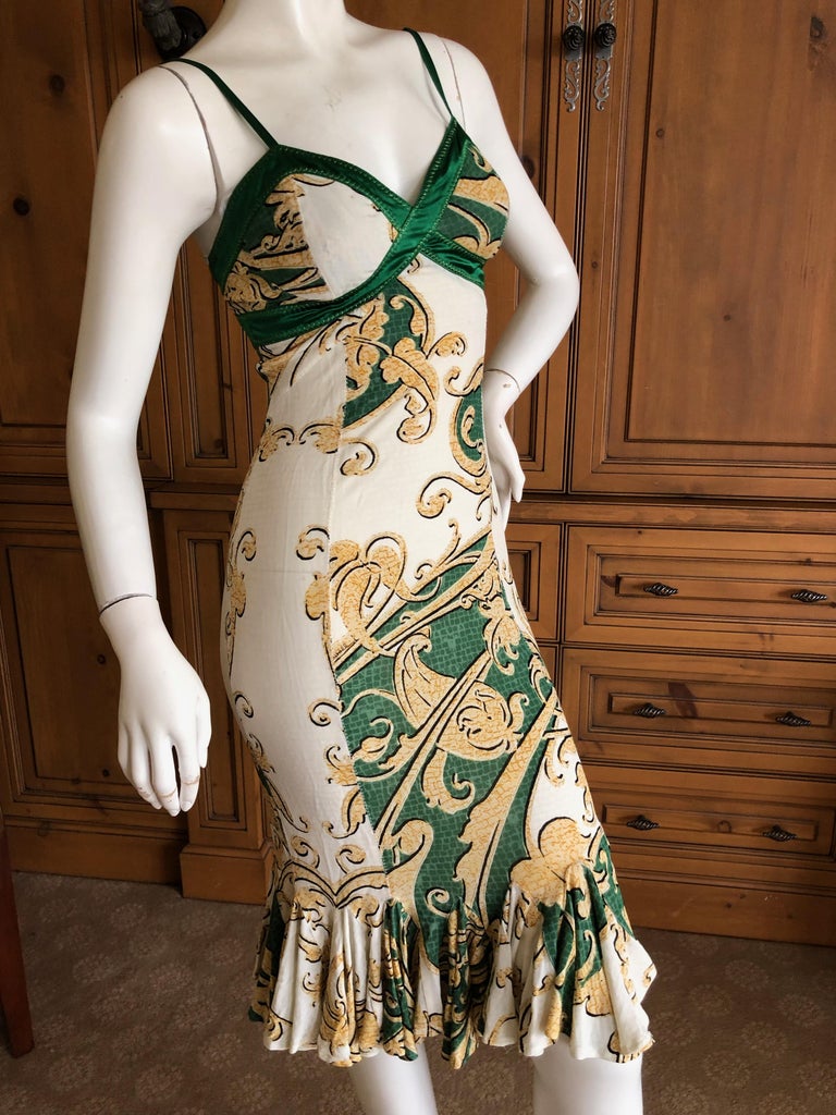 Roberto Cavalli for Just Cavalli Green and Gold Dress with Ruffle Flounce  Hem