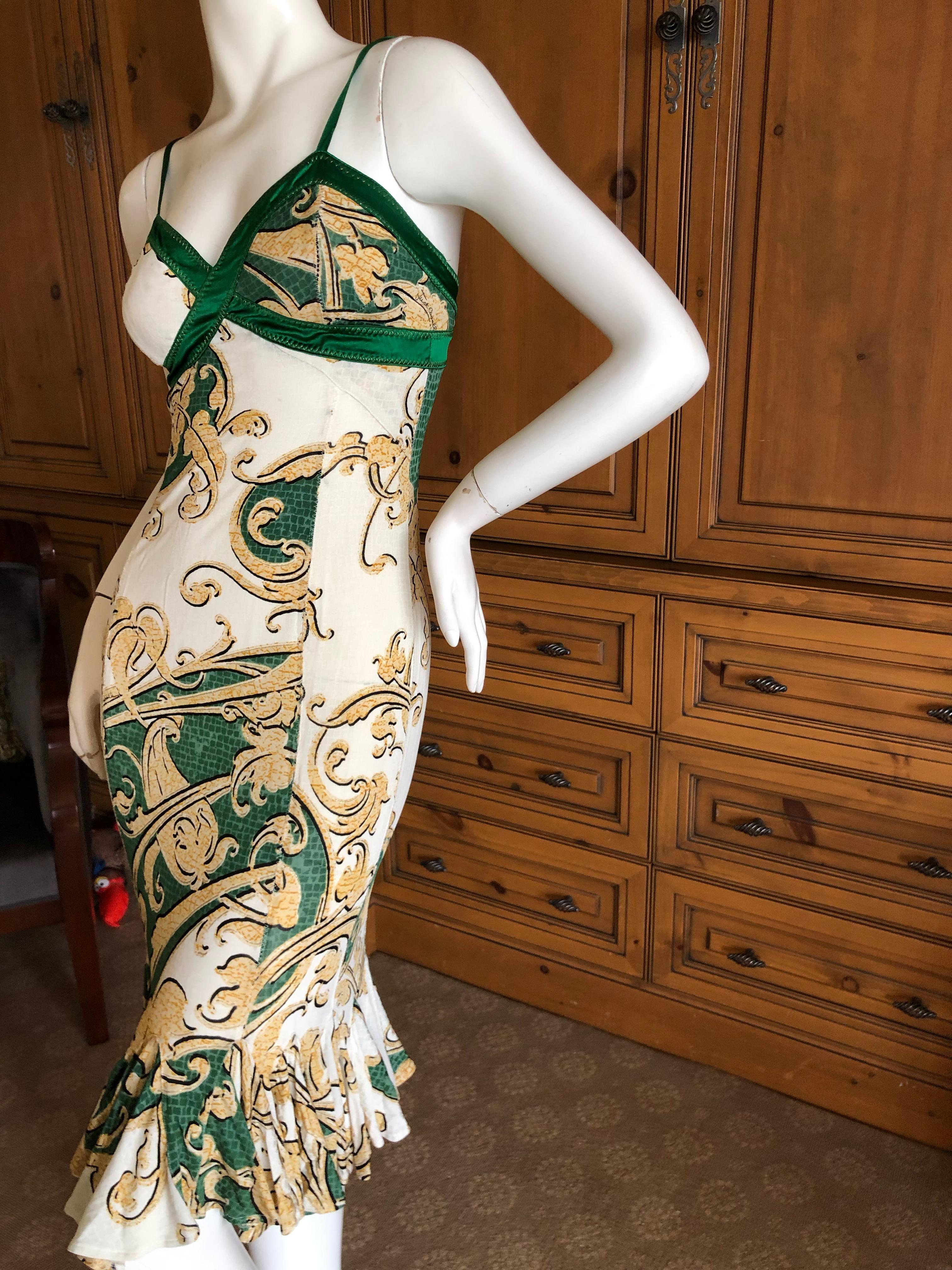Beige Roberto Cavalli for Just Cavalli Green and Gold Dress with Ruffle Flounce Hem For Sale