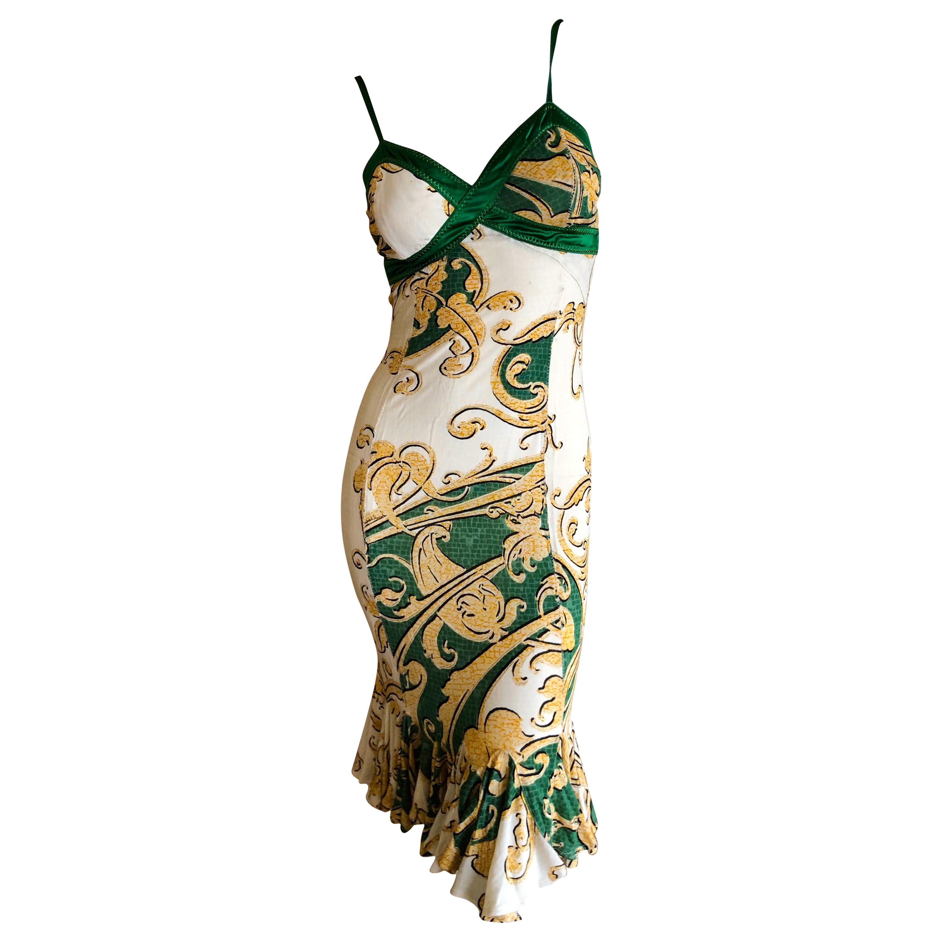 Roberto Cavalli for Just Cavalli Green and Gold Dress with Ruffle Flounce Hem For Sale
