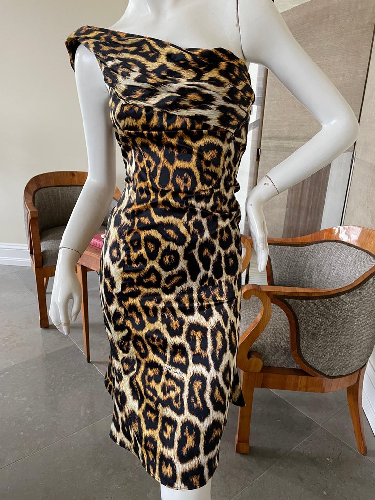 Roberto Cavalli for Just Cavalli Leopard Print One Shoulder Cocktail Dress
