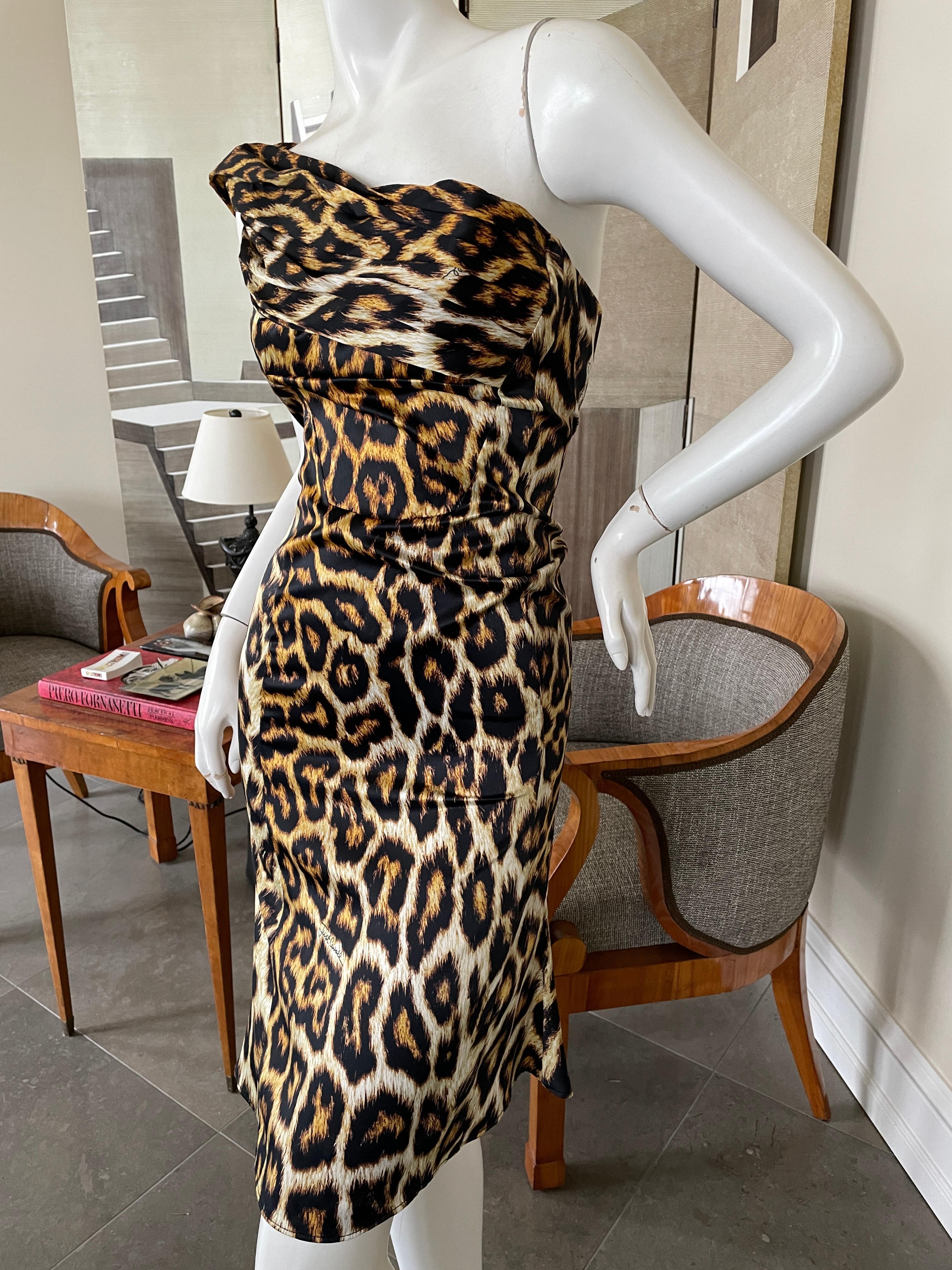 Black Roberto Cavalli for Just Cavalli Leopard Print One Shoulder Cocktail Dress For Sale