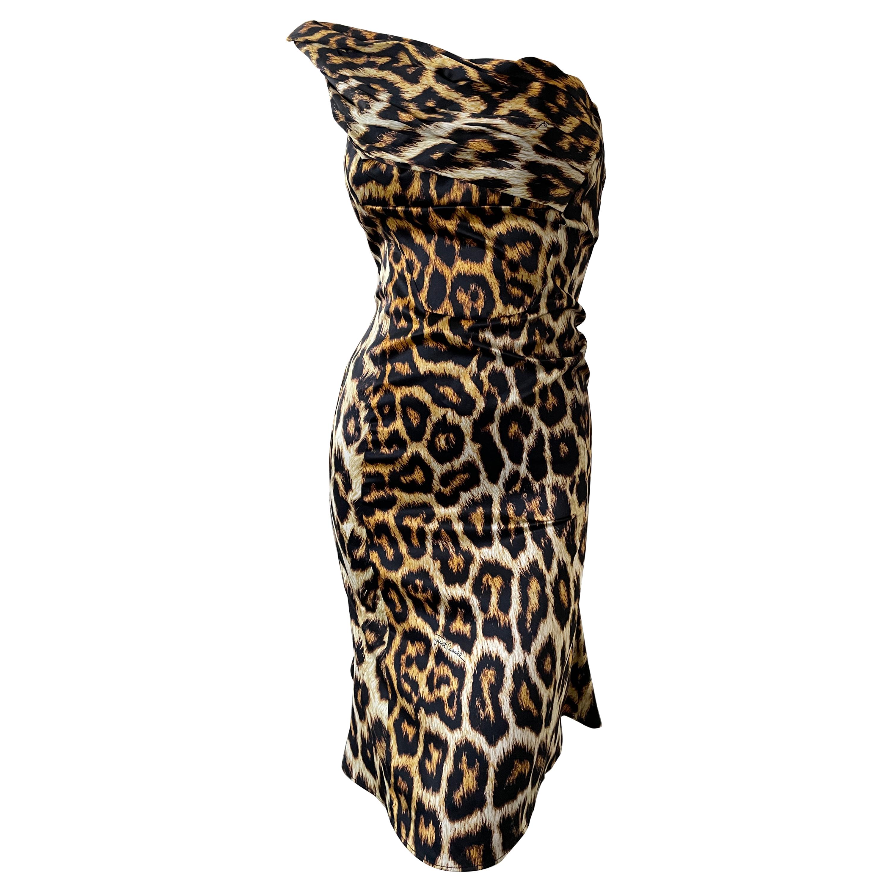 Roberto Cavalli for Just Cavalli Leopard Print One Shoulder Cocktail Dress For Sale
