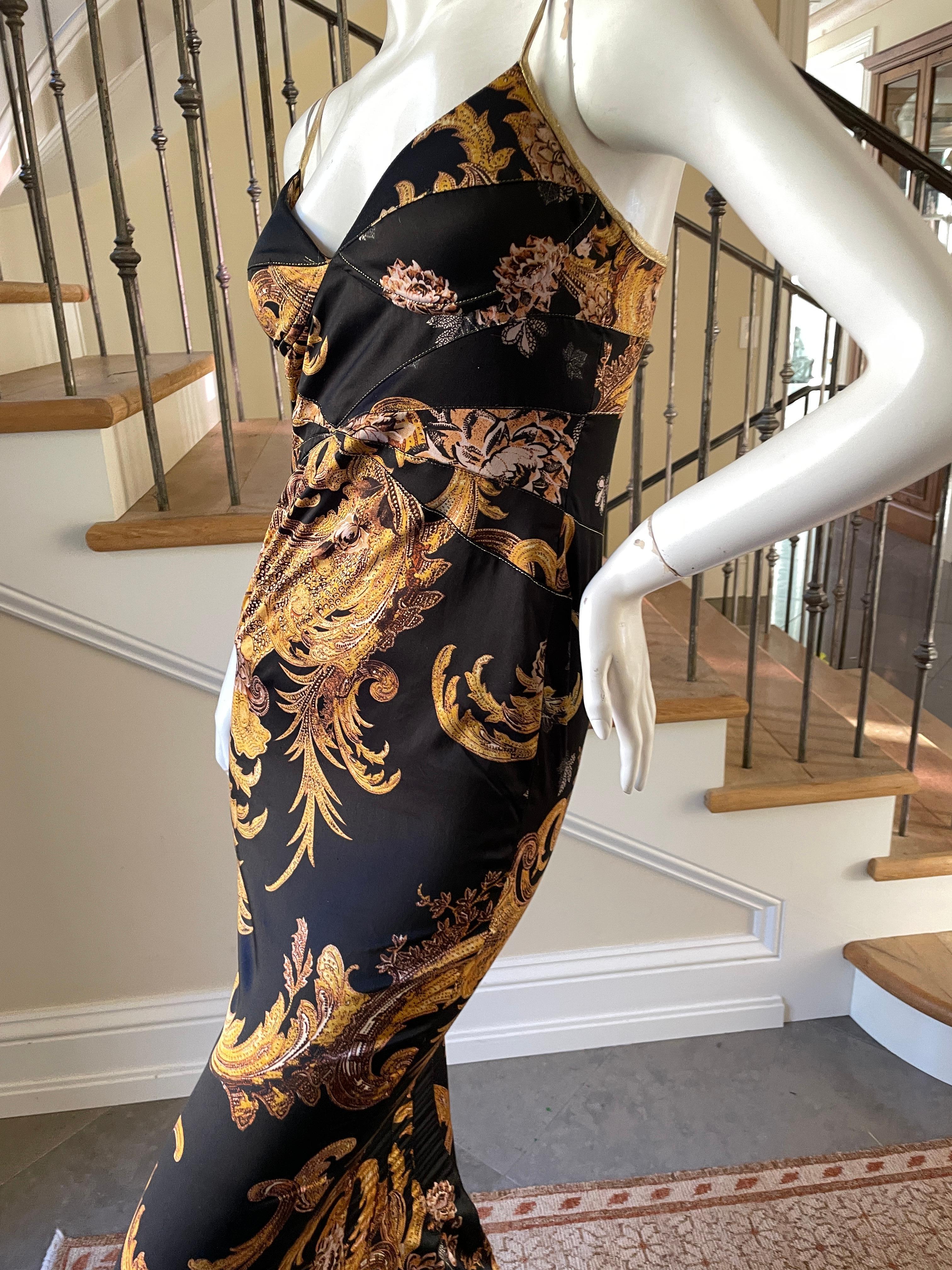 Black Roberto Cavalli for Just Cavalli Low Cut Baroque Pattern Fishtail Mermaid Dress