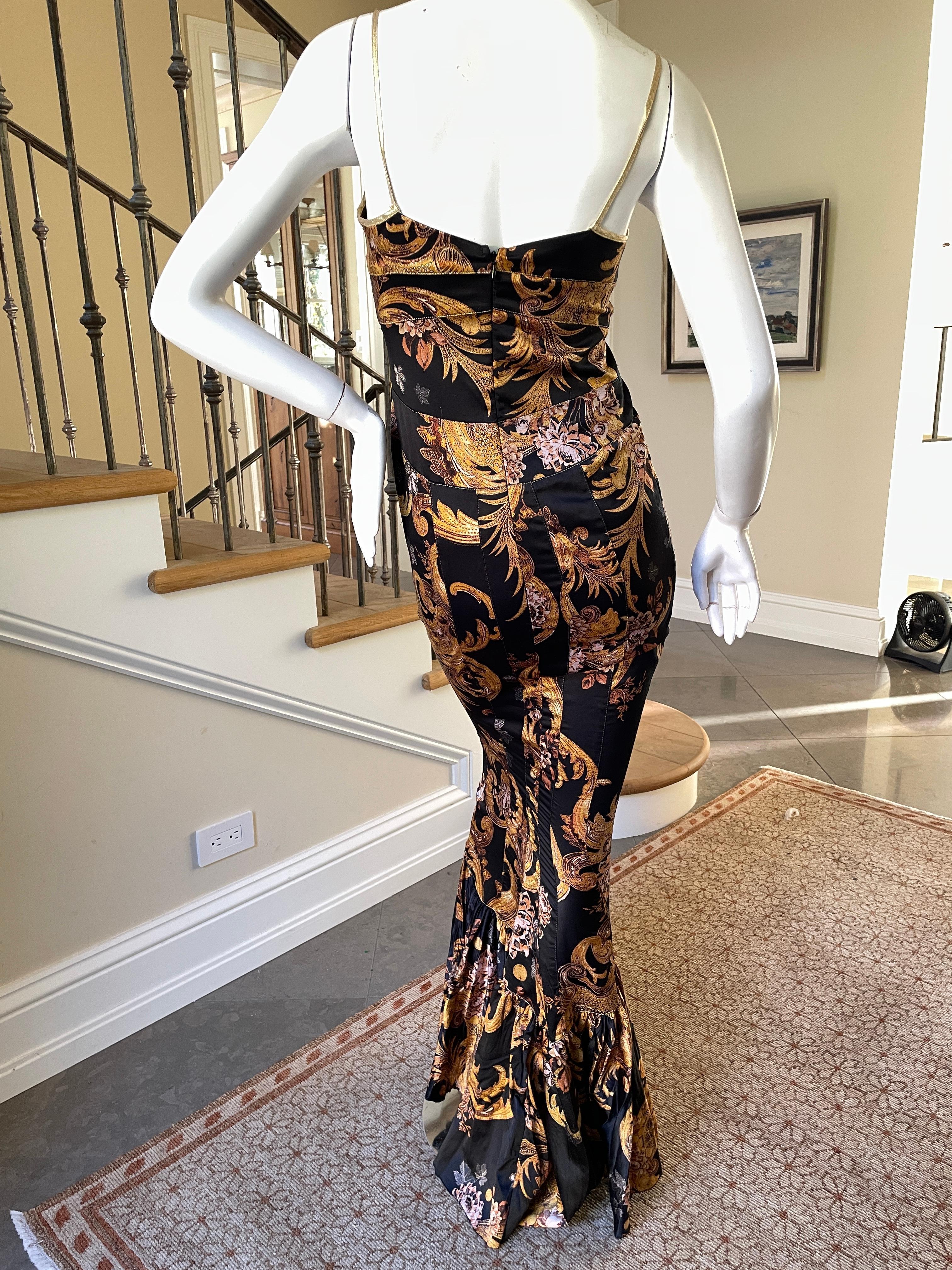 Roberto Cavalli for Just Cavalli Low Cut Baroque Pattern Fishtail Mermaid Dress In Excellent Condition In Cloverdale, CA