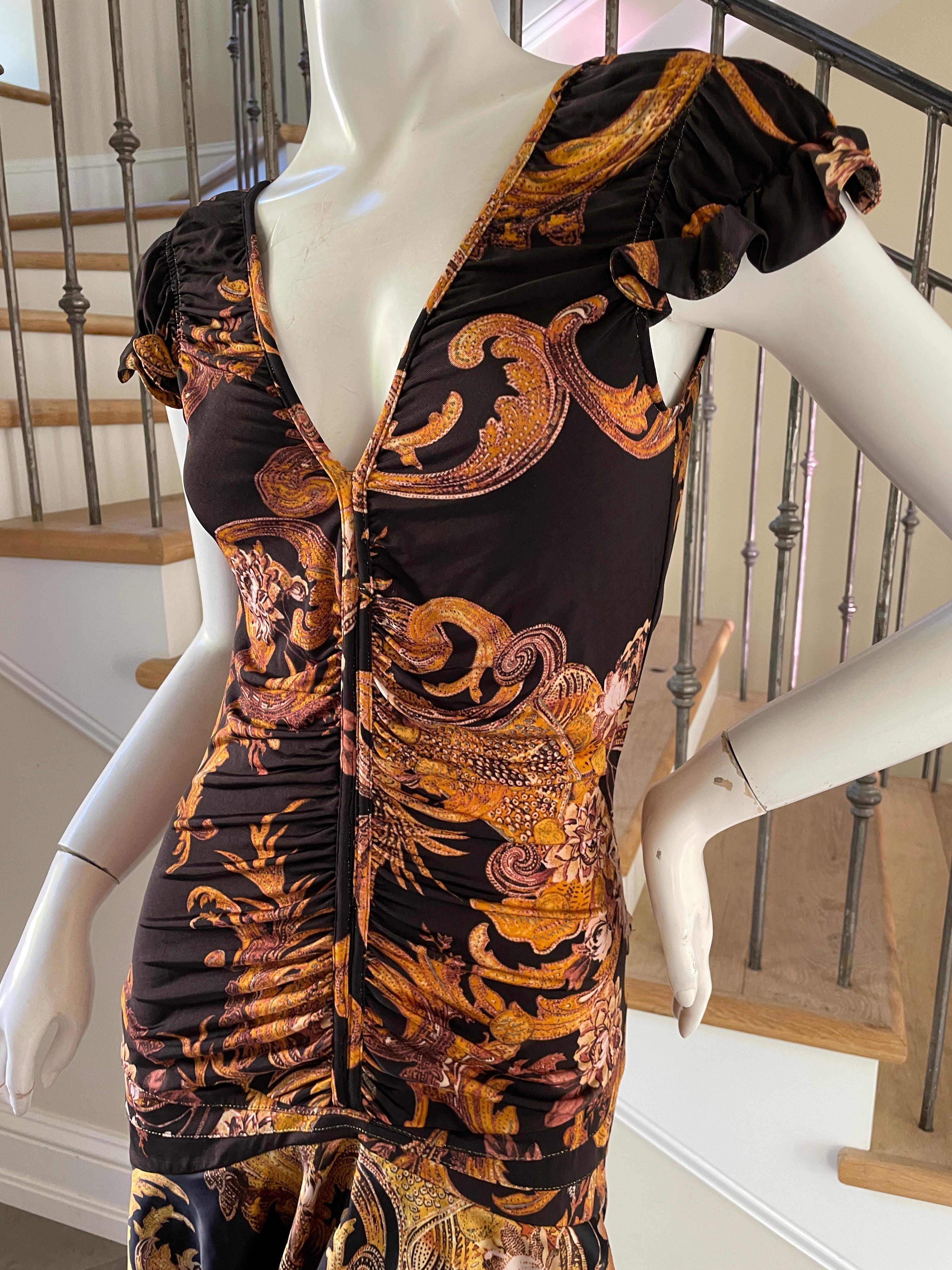 Black Roberto Cavalli for Just Cavalli Low Cut Baroque Pattern Mini Dress For Sale