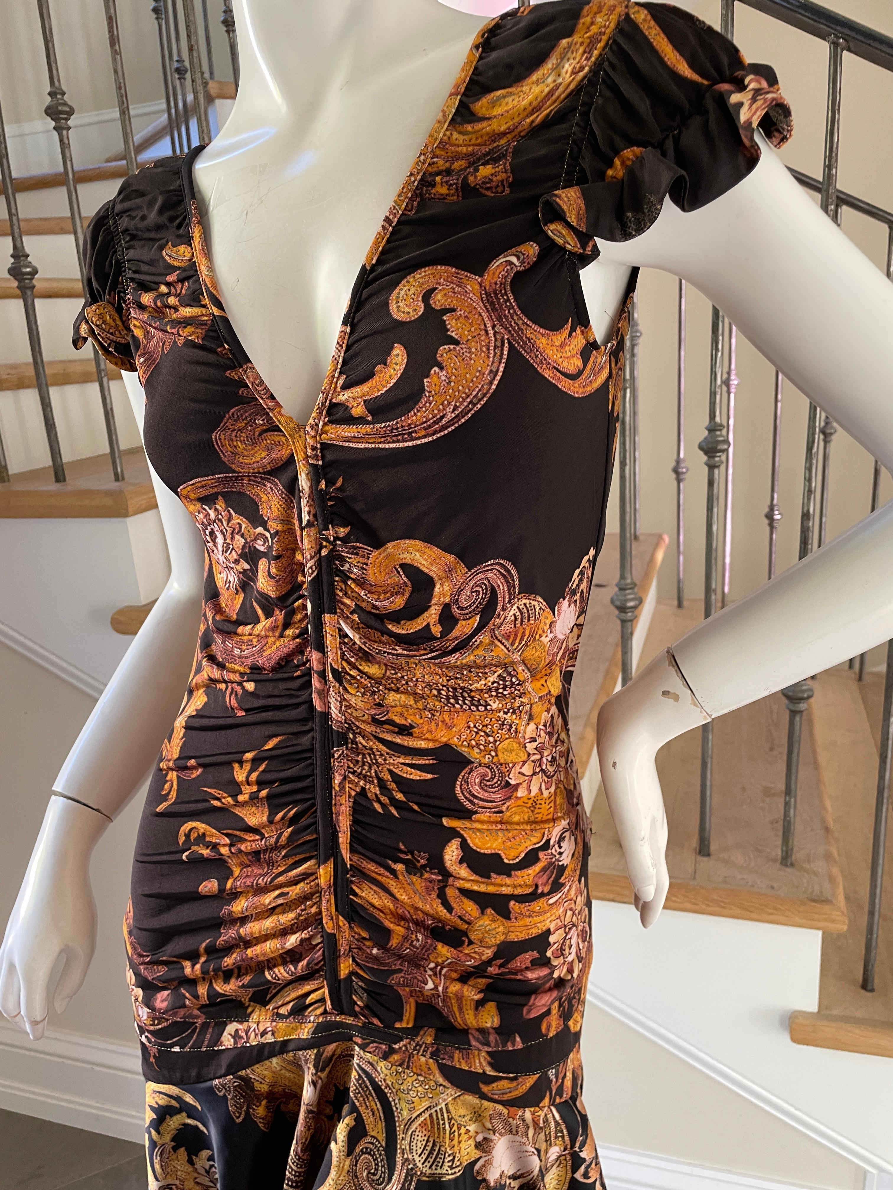 Roberto Cavalli for Just Cavalli Low Cut Baroque Pattern Mini Dress In Excellent Condition For Sale In Cloverdale, CA