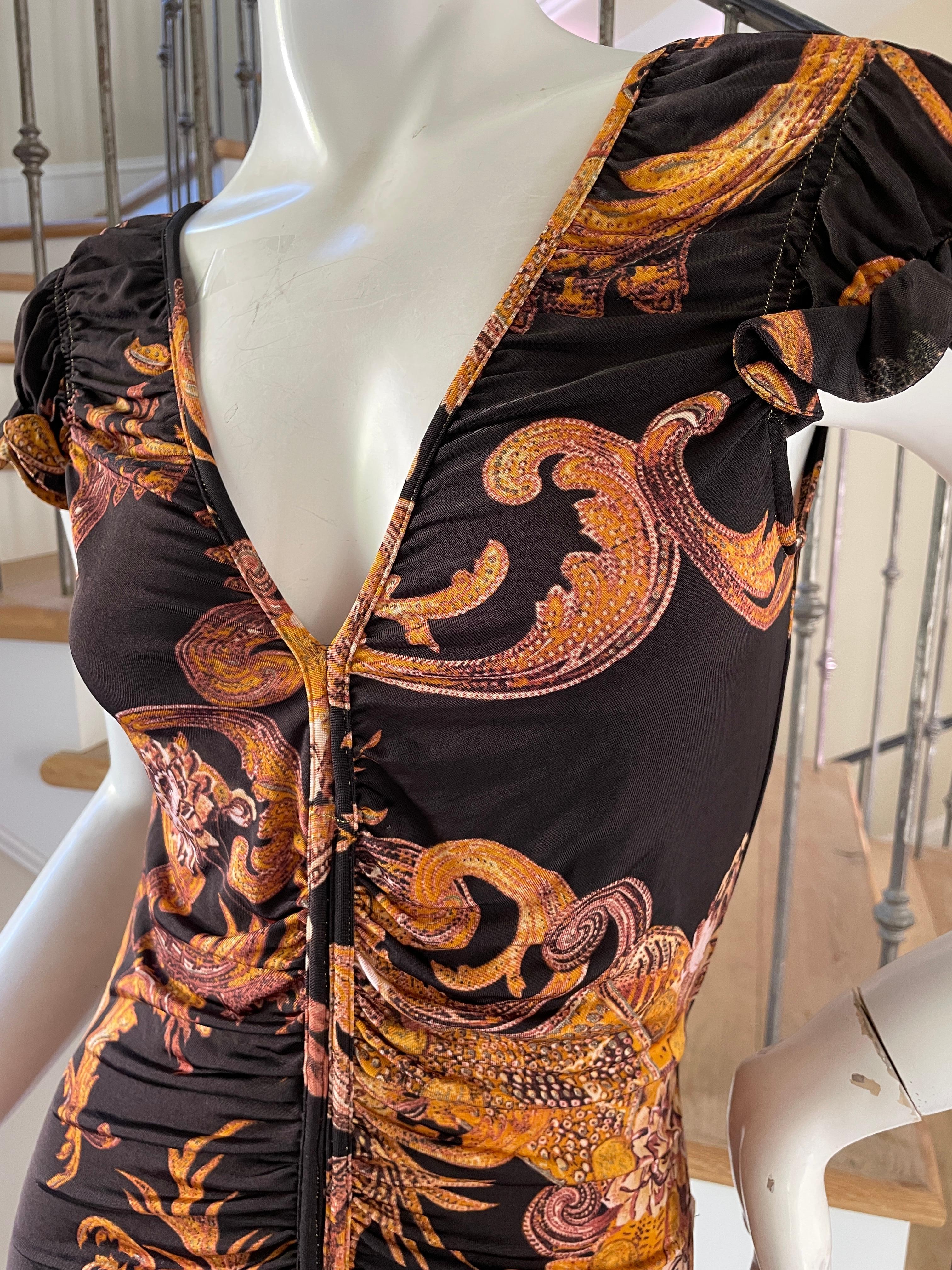 Women's Roberto Cavalli for Just Cavalli Low Cut Baroque Pattern Mini Dress For Sale
