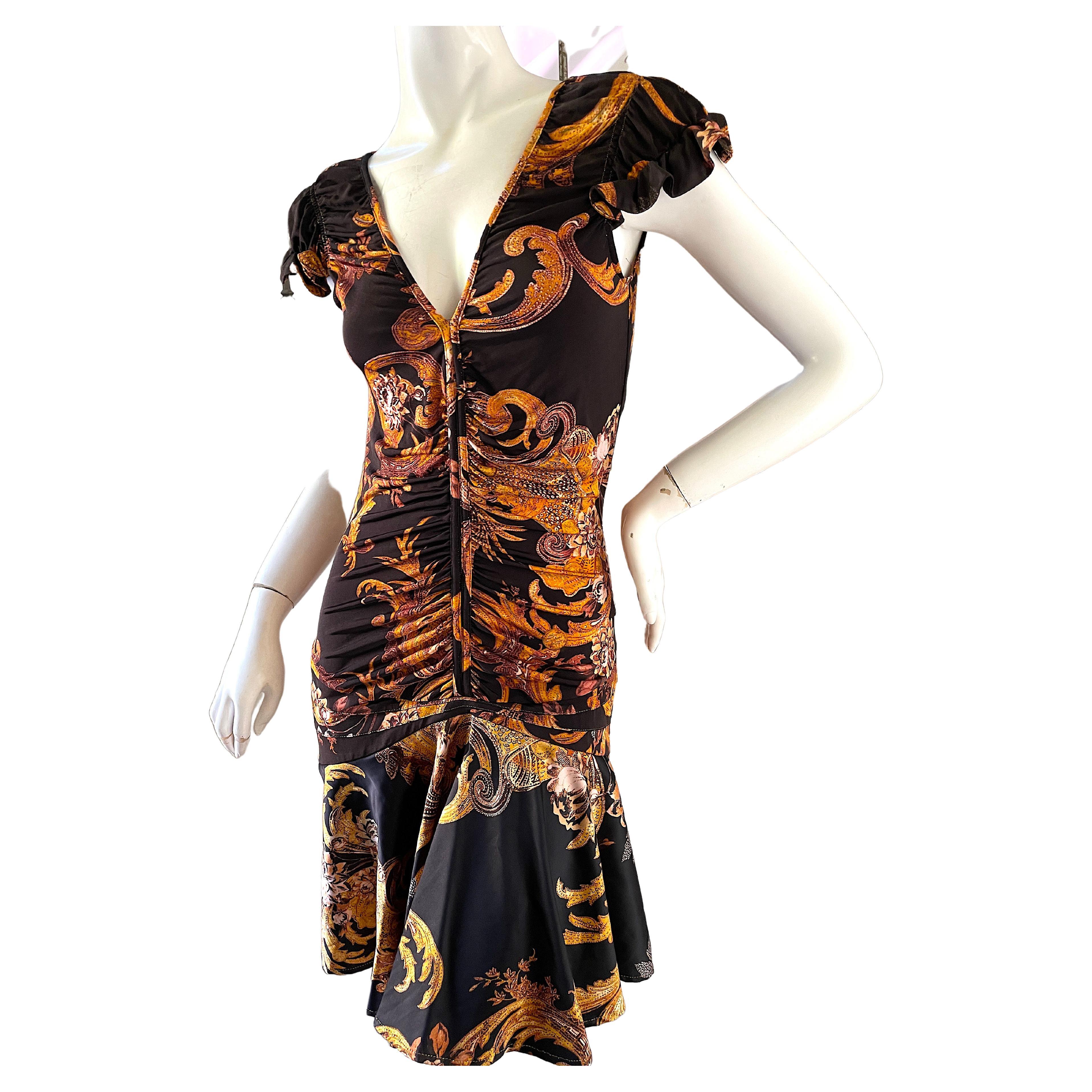 Roberto Cavalli for Just Cavalli Low Cut Baroque Pattern Mini Dress For Sale