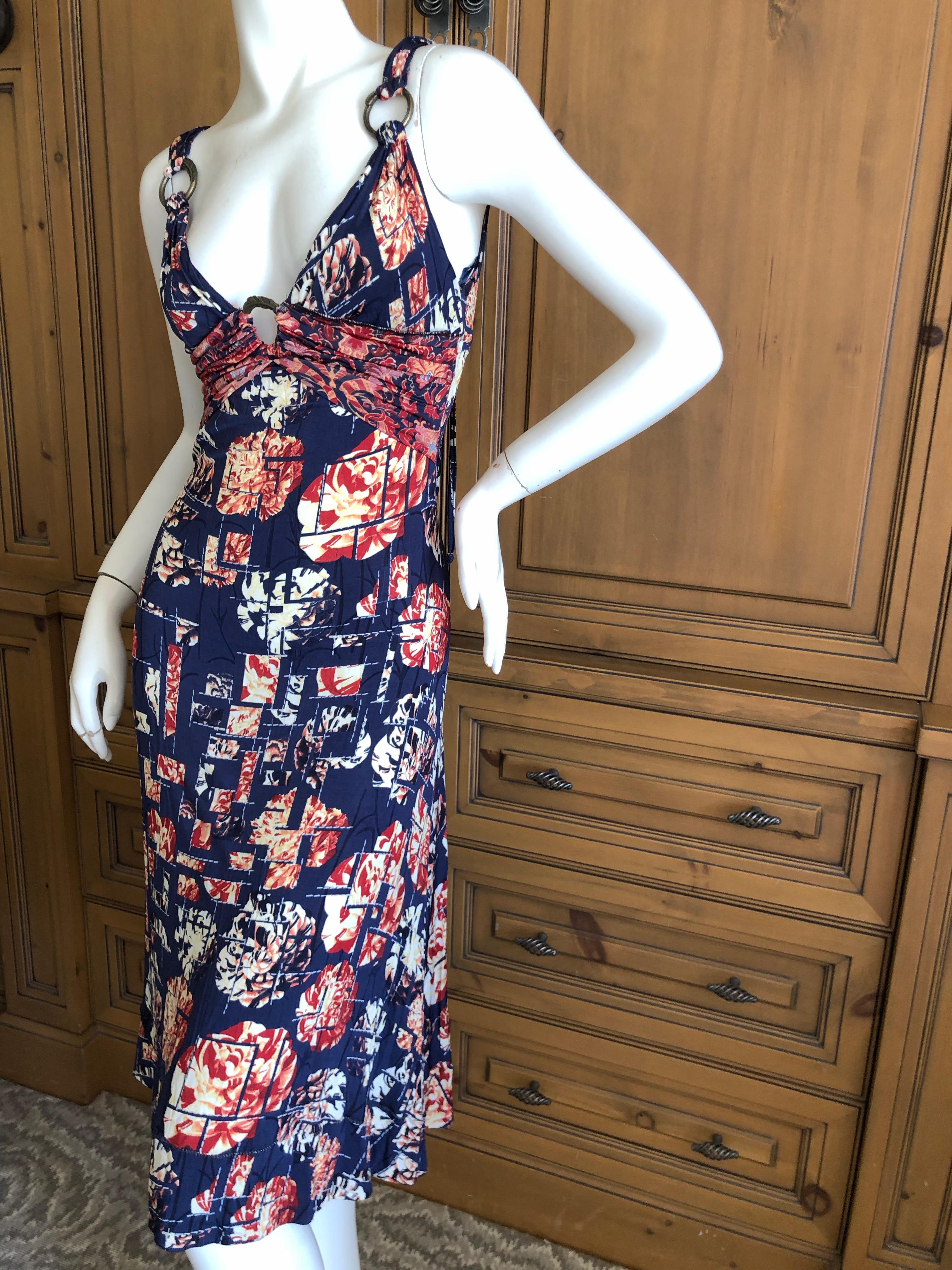 Roberto Cavalli for Just Cavalli Navy Blue Pattern Dress w Bronze Ring Details In Excellent Condition For Sale In Cloverdale, CA