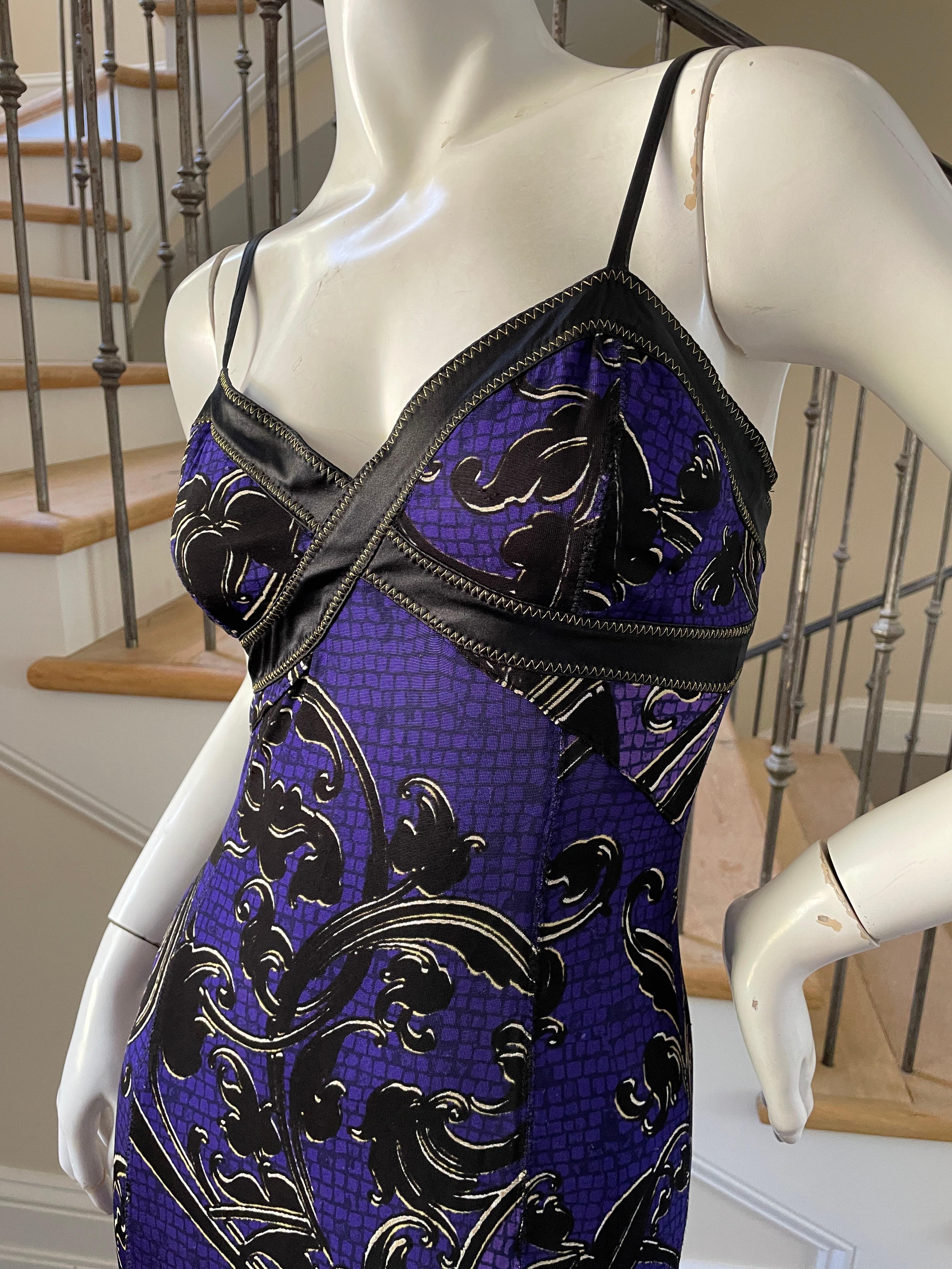 Black Roberto Cavalli for Just Cavalli Purple Flounce Hem Dress with Gold Stitching For Sale