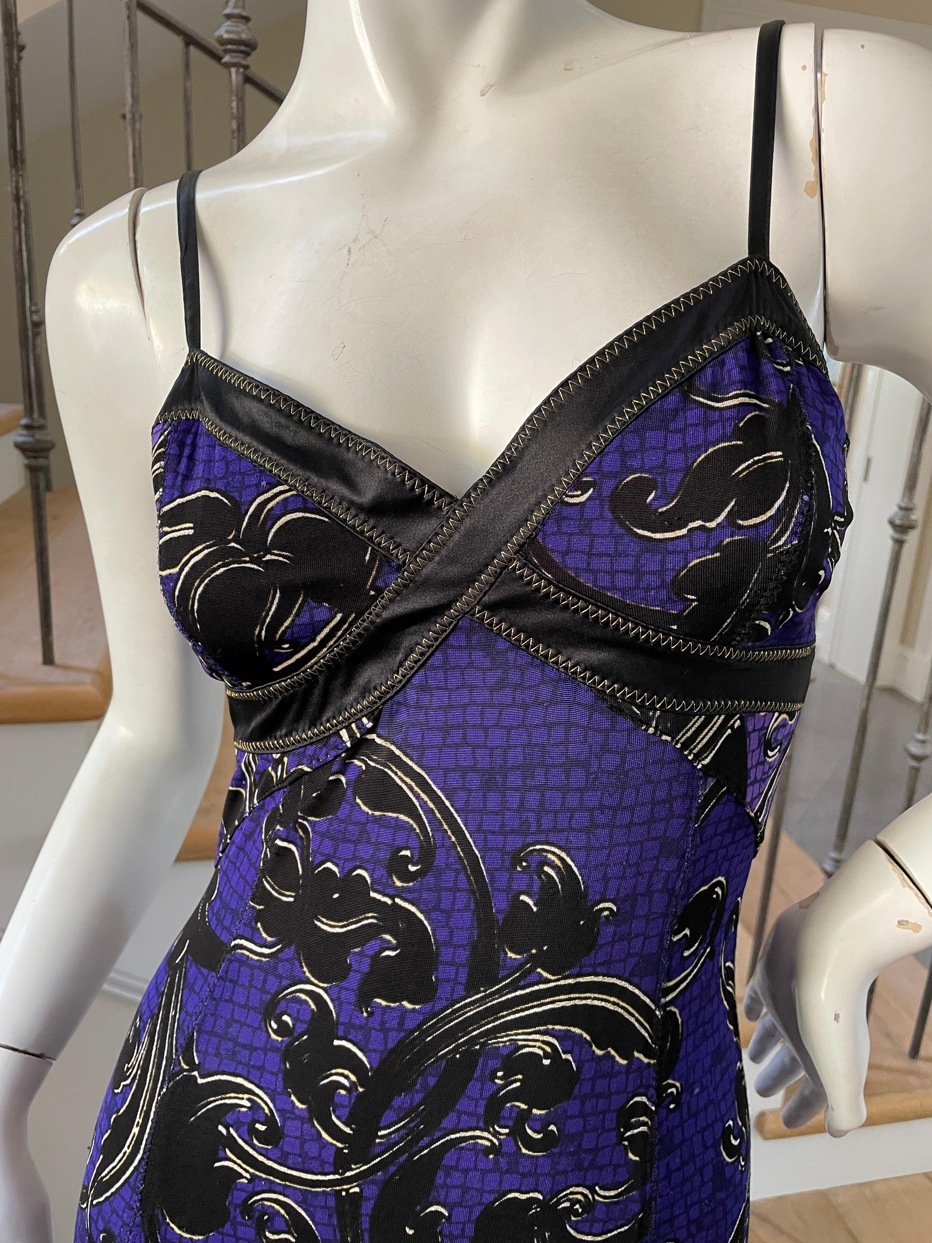 Roberto Cavalli for Just Cavalli Purple Flounce Hem Dress with Gold Stitching In Excellent Condition For Sale In Cloverdale, CA