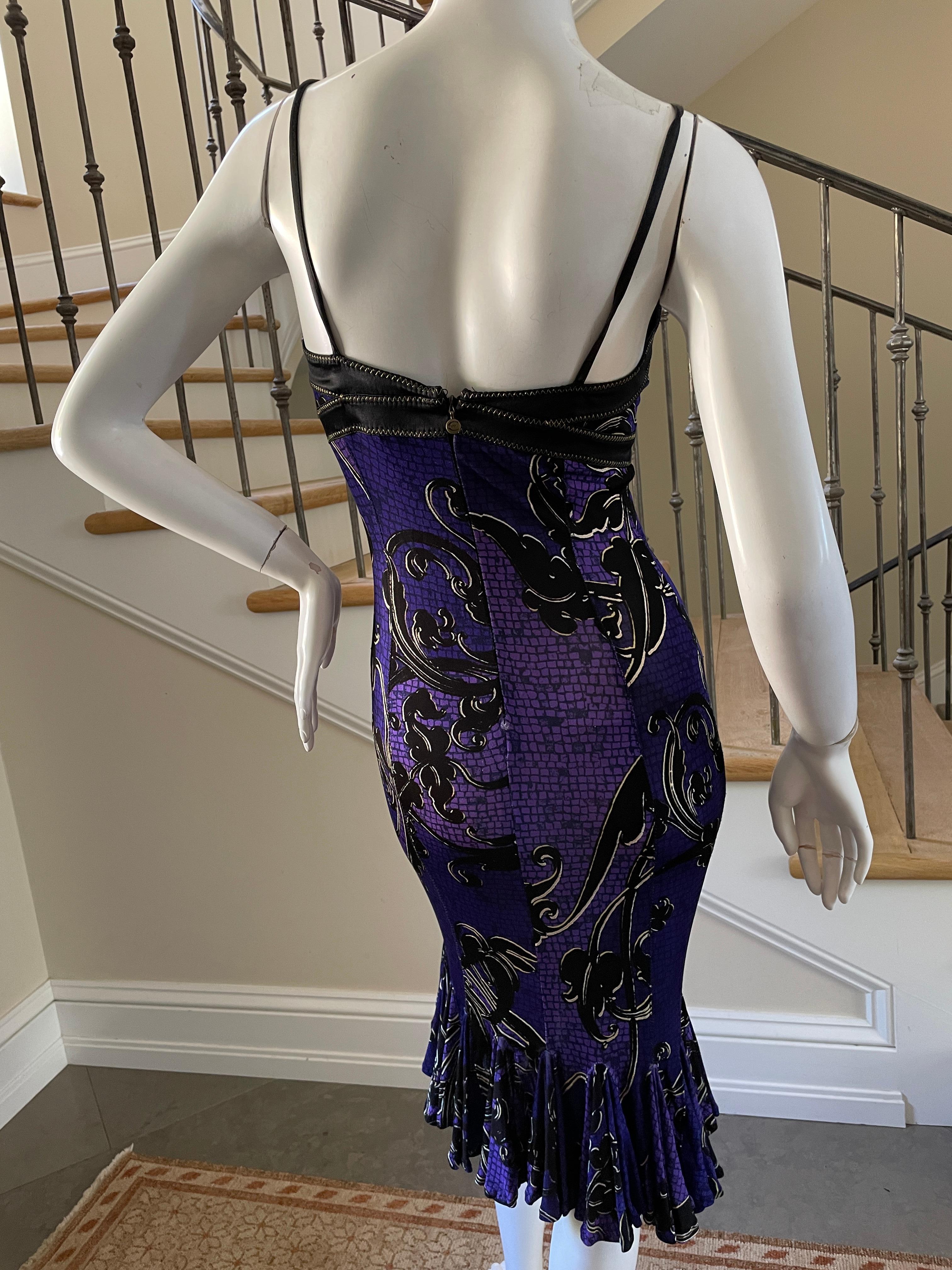 Roberto Cavalli for Just Cavalli Purple Flounce Hem Dress with Gold Stitching For Sale 2