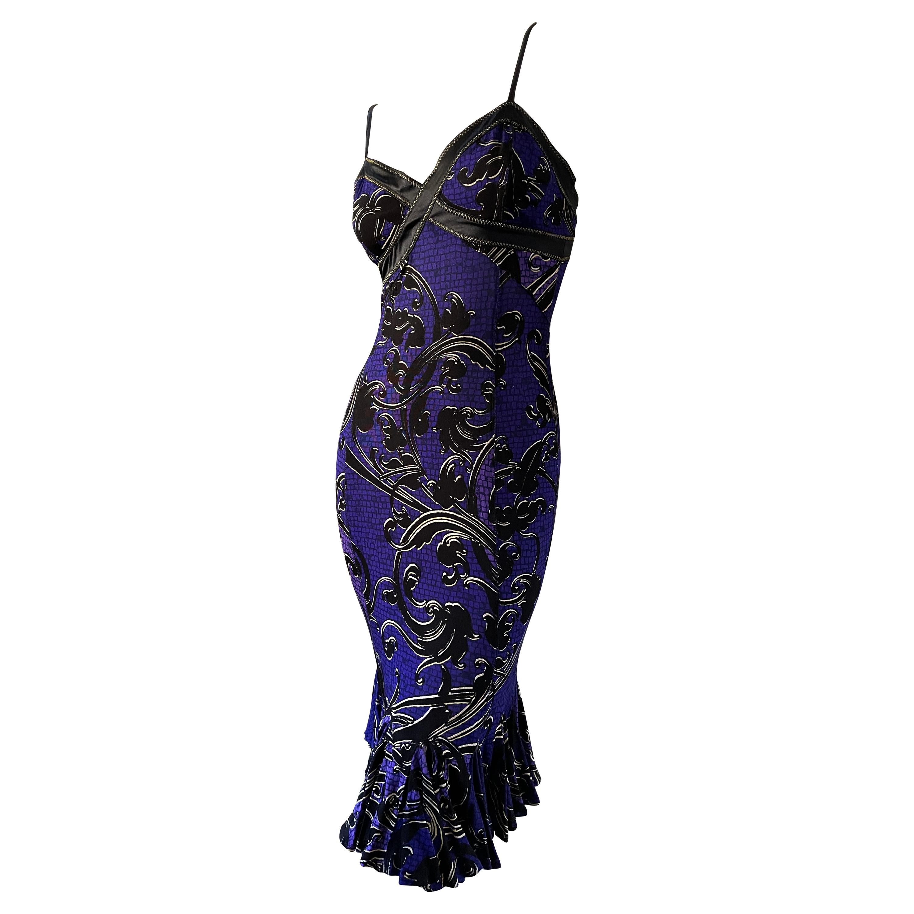 Roberto Cavalli for Just Cavalli Purple Flounce Hem Dress with Gold Stitching For Sale