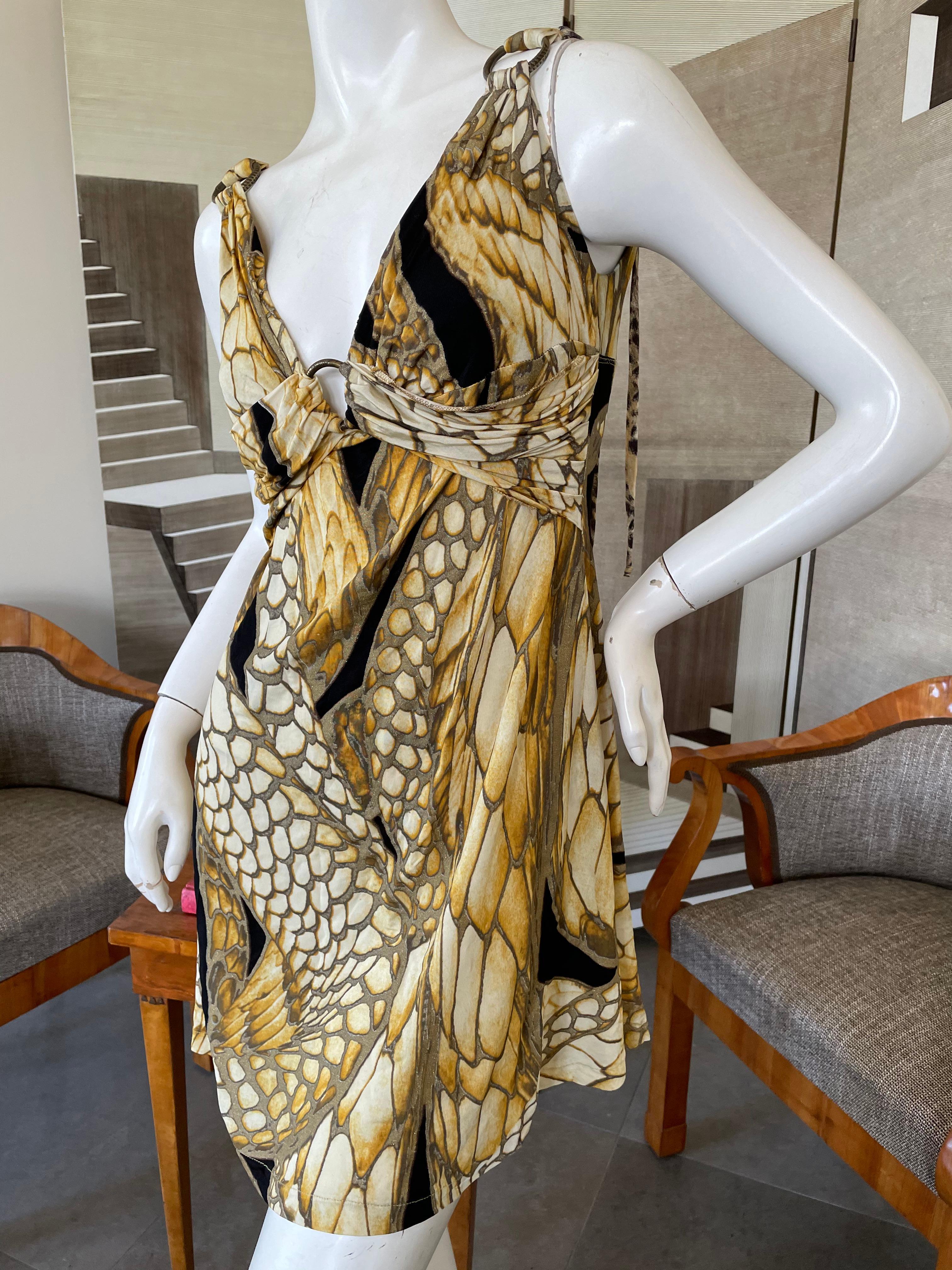 Brown Roberto Cavalli for Just Cavalli Snake Print Dress with Brass Rings For Sale