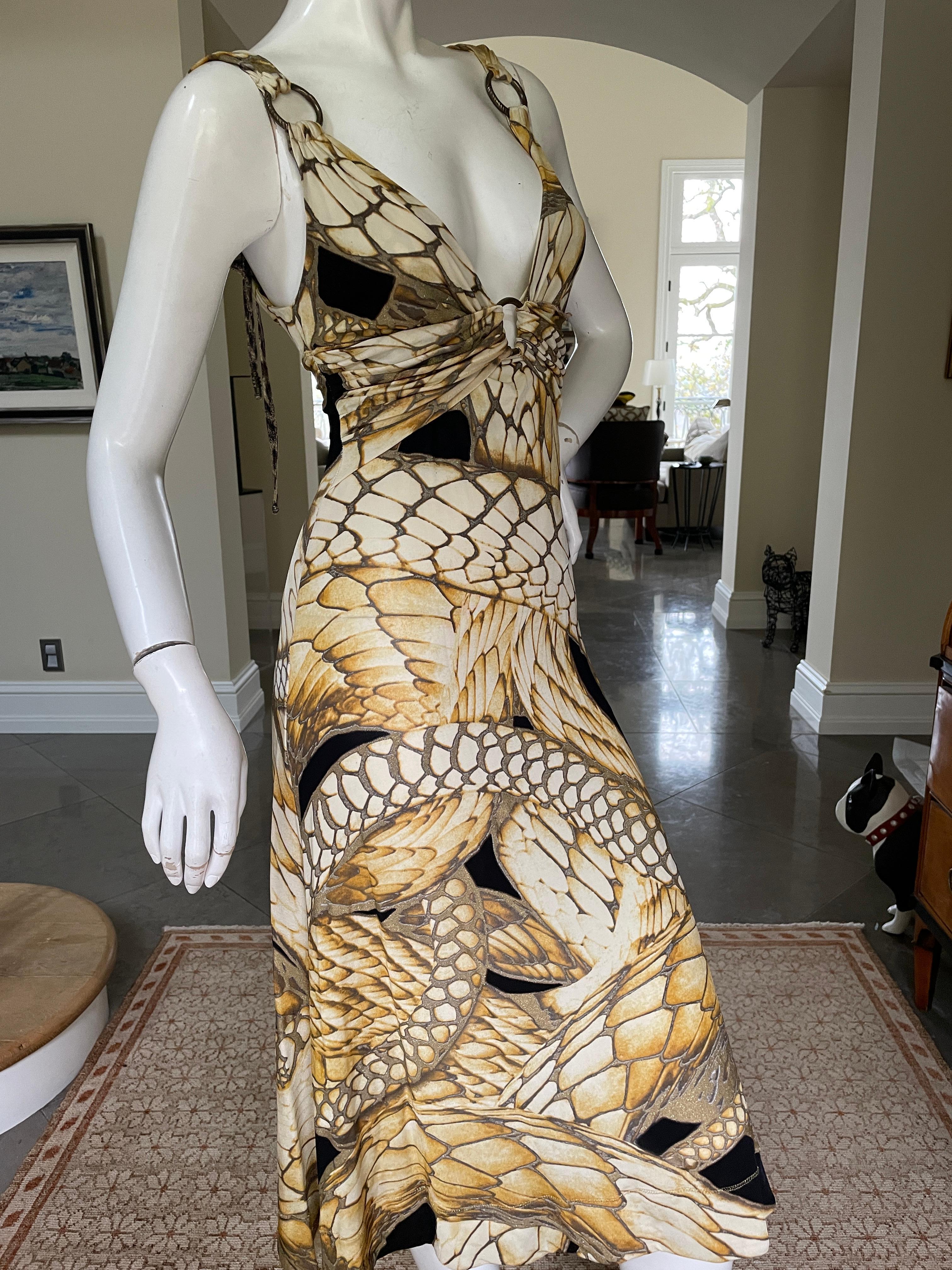 Beige Roberto Cavalli for Just Cavalli Snake Print Dress with Brass Rings  For Sale