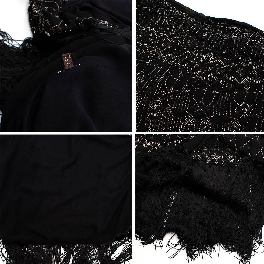 Current season Roberto Cavalli Fringed Beaded Silk-chiffon Jacket black silk-chiffon, pewter and silver beads, patch pockets, fringed trims and ties at front. It has an oversized style, cut to be worn loose and it is made of a lightweight but