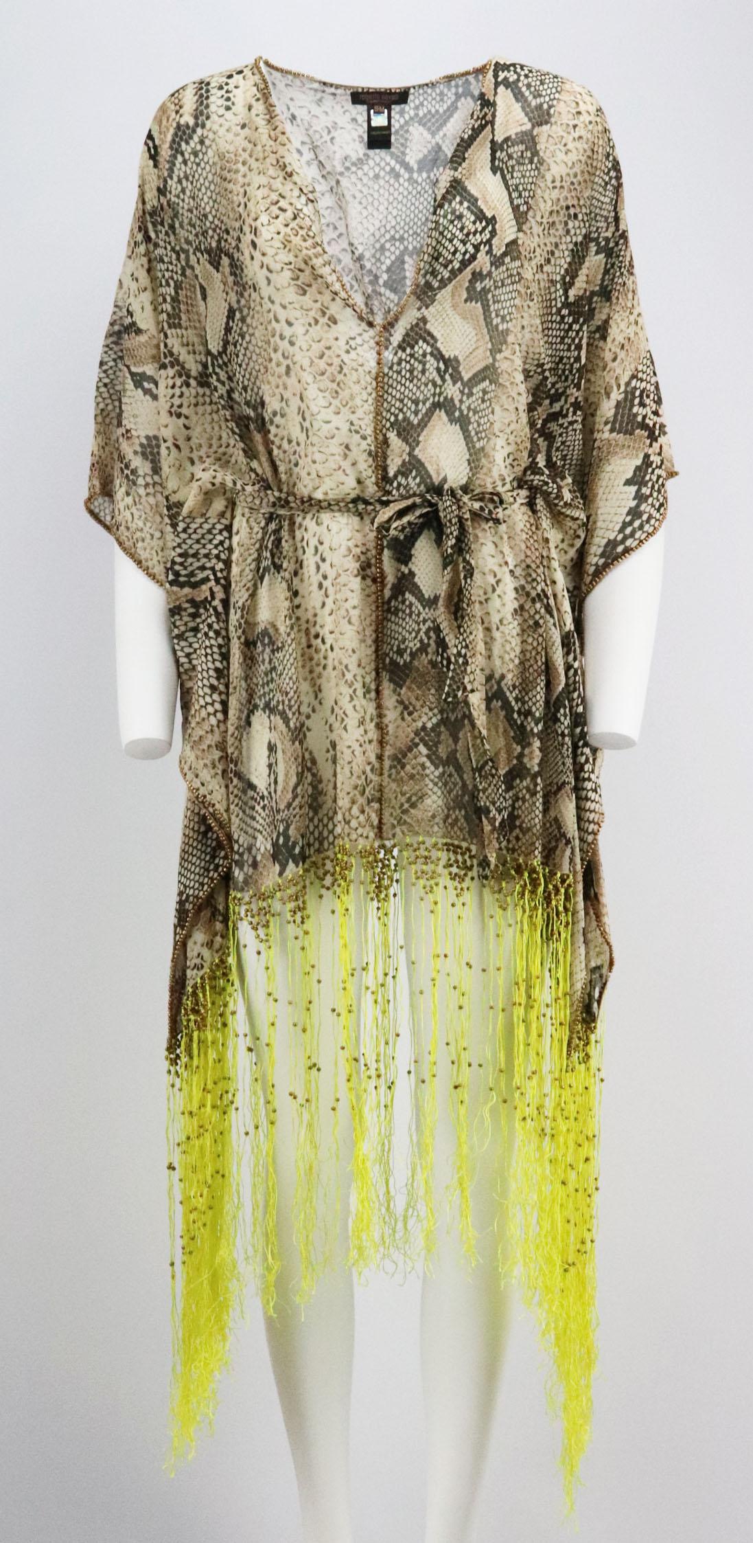 This kaftan by Roberto Cavalli has been made from snake-print cotton and silk-blend and finished with dramatic yellow bead and fringing detail along the edges, cut for a loose silhouette with belt to cinch in the waist.
Grey and black cotton and