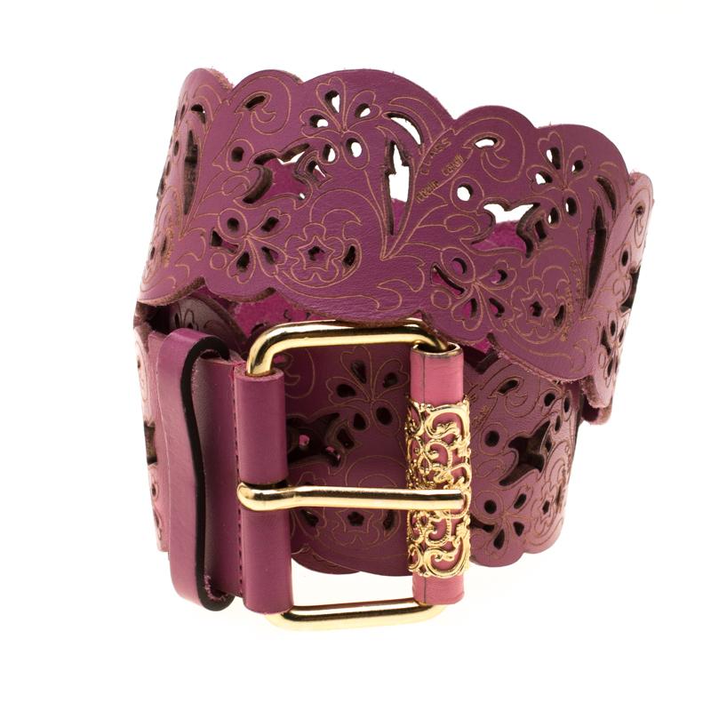 Pink Roberto Cavalli Fuchsia Leather Flower Cutout Belt Size 105cm