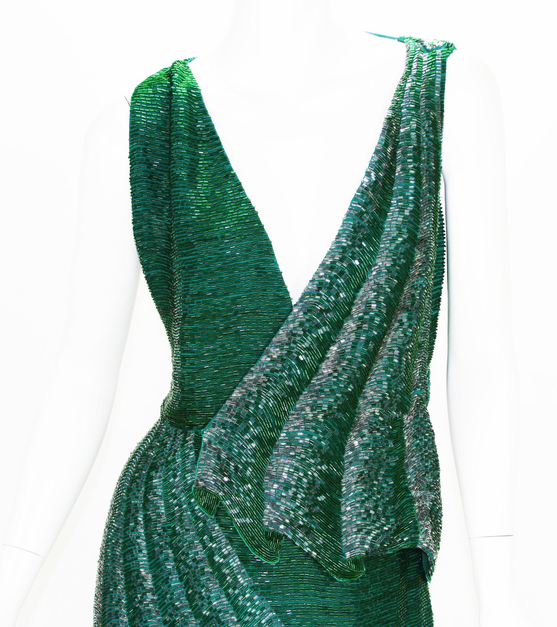 Roberto Cavalli Fully Beaded Mini Green Graphite Drape Illusion Plunging Dress   In Excellent Condition For Sale In Montgomery, TX