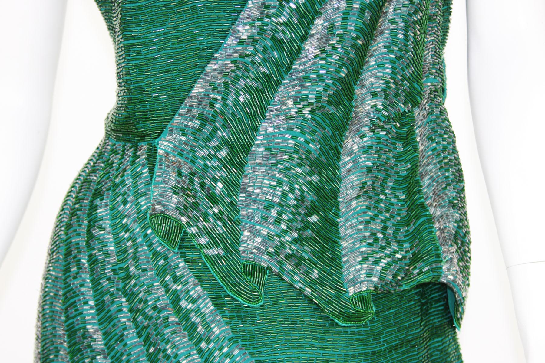 Women's Roberto Cavalli Fully Beaded Mini Green Graphite Drape Illusion Plunging Dress For Sale