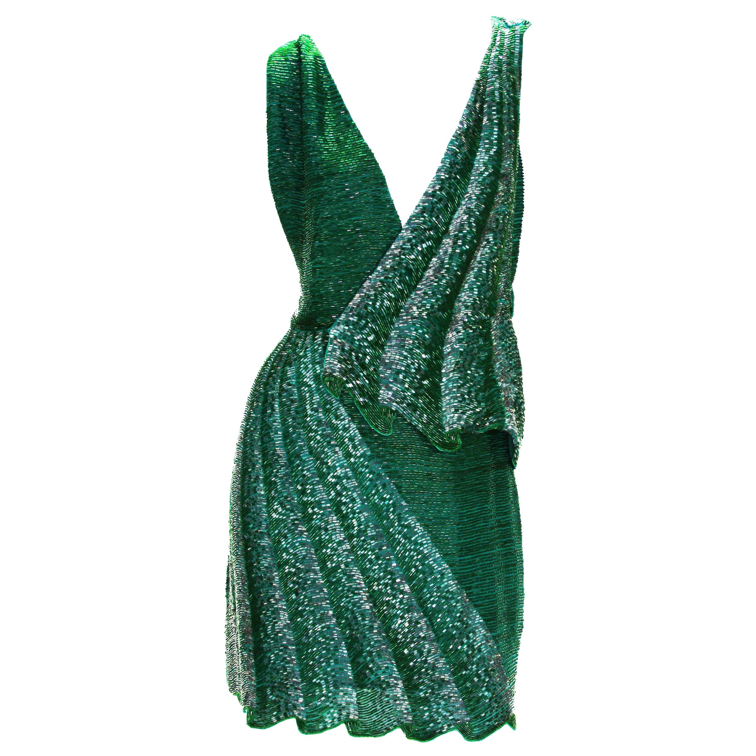 Roberto Cavalli Fully Beaded Mini Green Graphite Drape Illusion Plunging Dress  