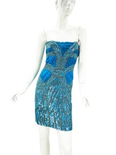 NWT Roberto Cavalli Fully Embellished Blue Corset Lace-Up Mini Dress Italian 44