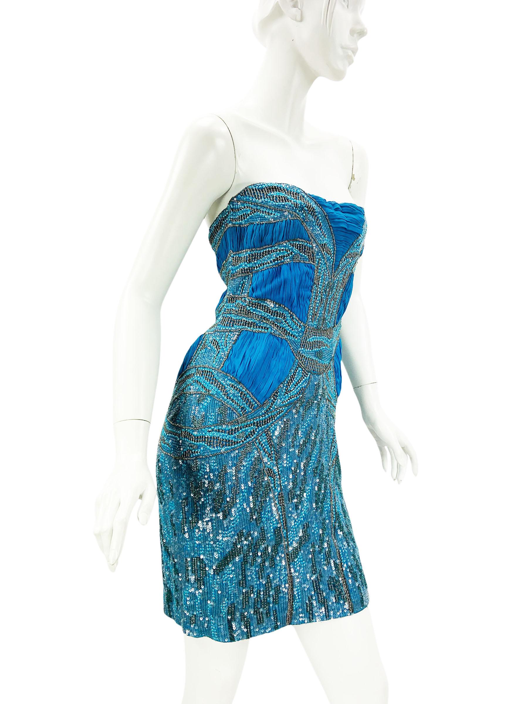 NWT Roberto Cavalli Mini Dress Blu completamente impreziosito da un corsetto in pizzo italiano 44 In condizioni Nuovo in vendita a Montgomery, TX