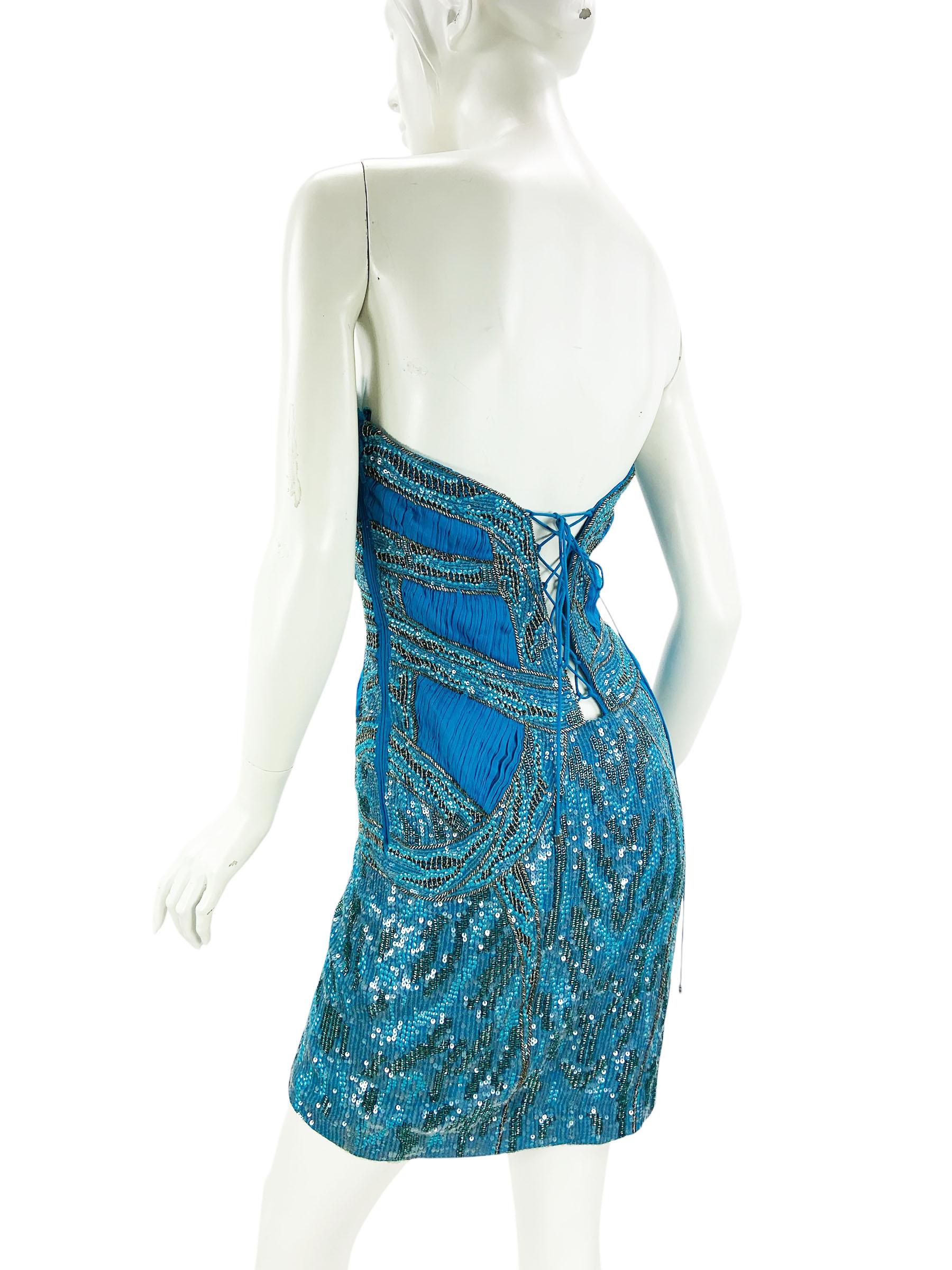 Donna NWT Roberto Cavalli Mini Dress Blu completamente impreziosito da un corsetto in pizzo italiano 44 in vendita