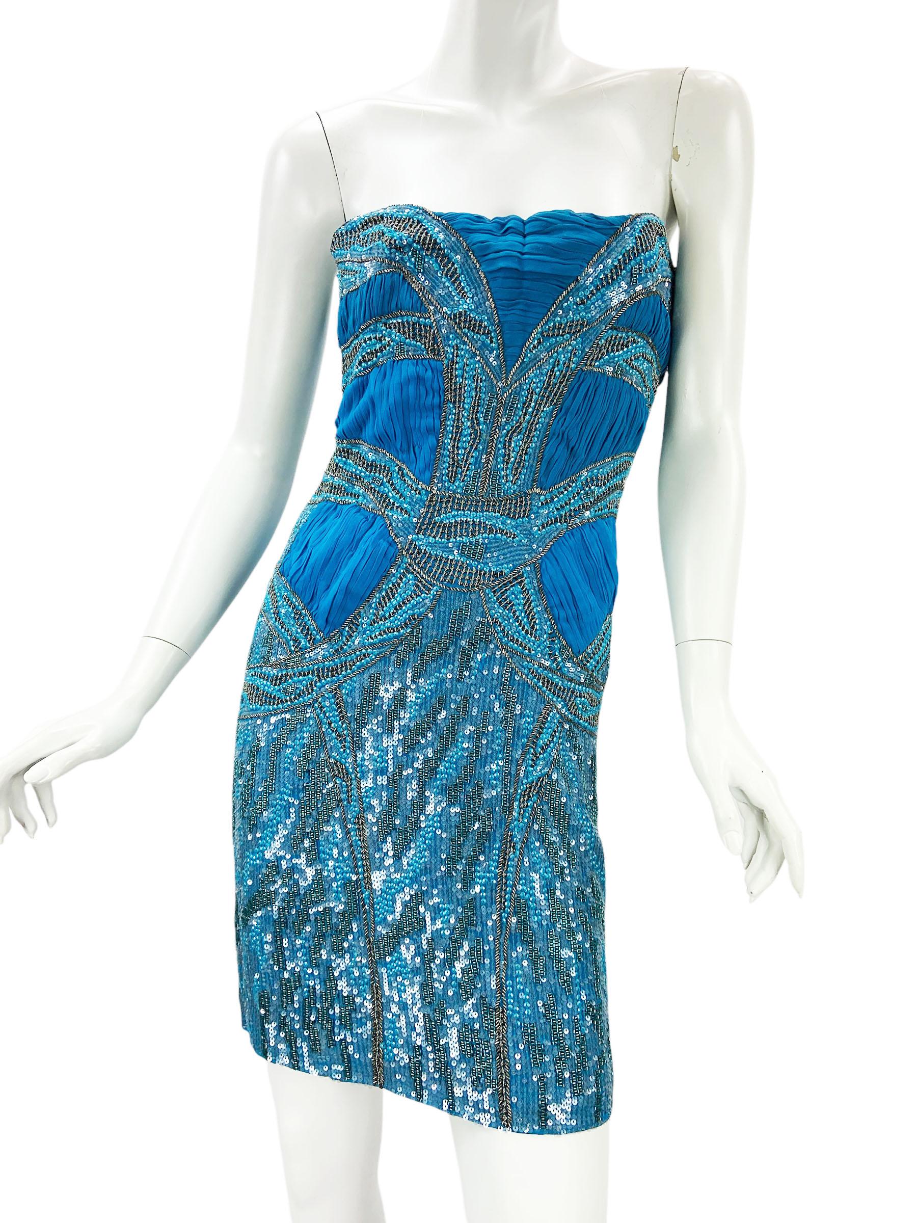 NWT Roberto Cavalli Mini Dress Blu completamente impreziosito da un corsetto in pizzo italiano 44 in vendita 1