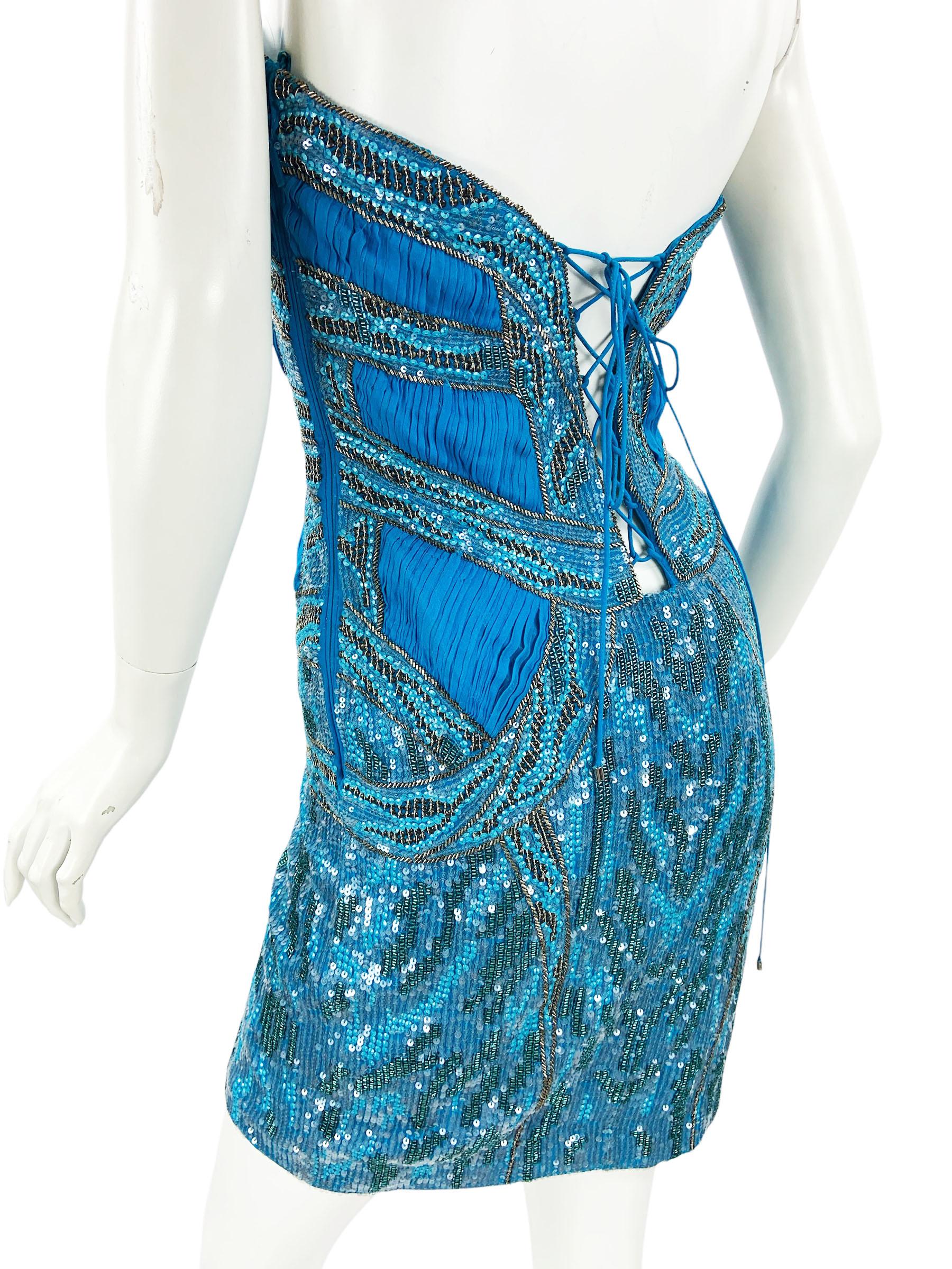 NWT Roberto Cavalli Mini Dress Blu completamente impreziosito da un corsetto in pizzo italiano 44 in vendita 3
