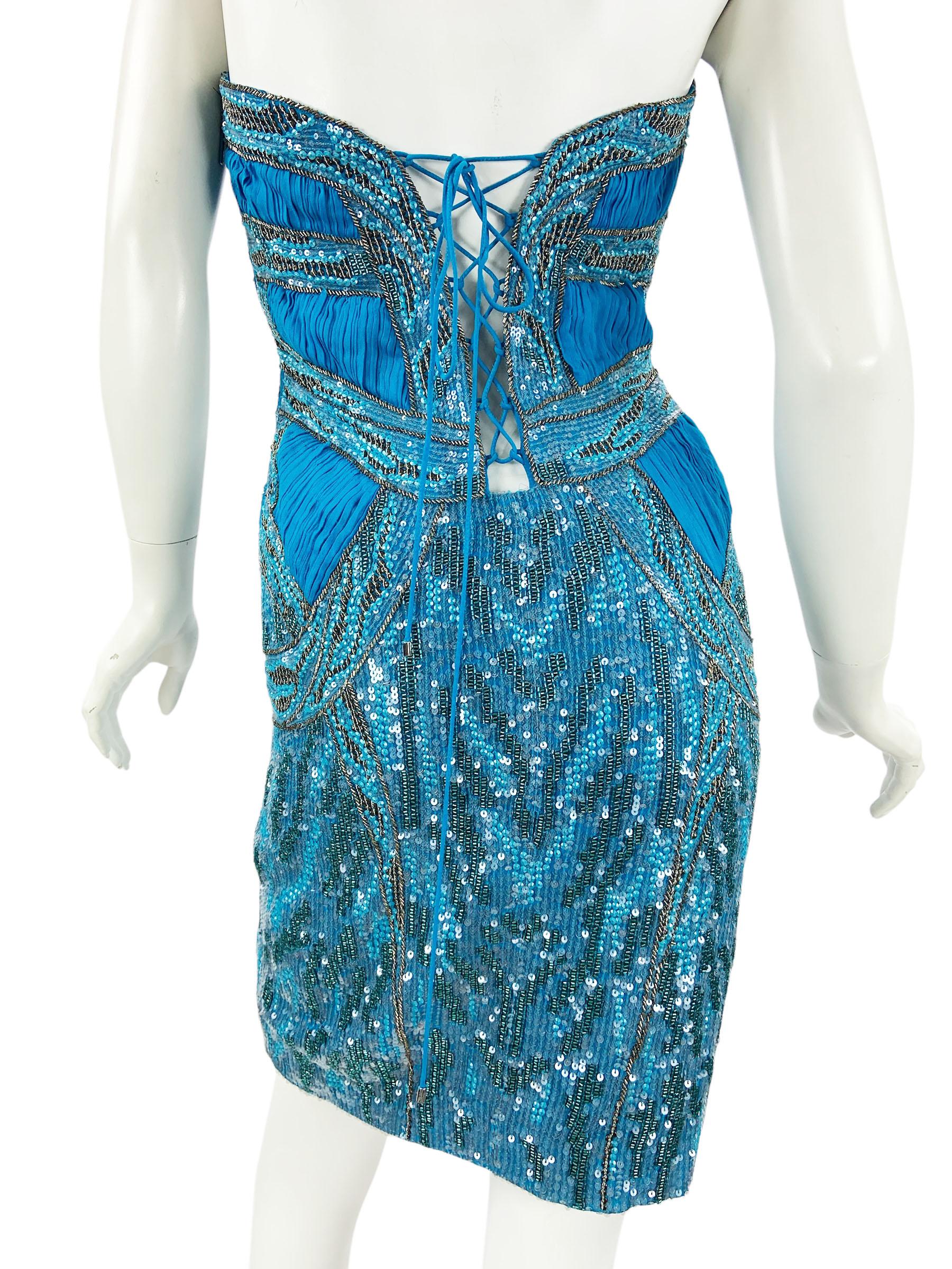 NWT Roberto Cavalli Mini Dress Blu completamente impreziosito da un corsetto in pizzo italiano 44 in vendita 4