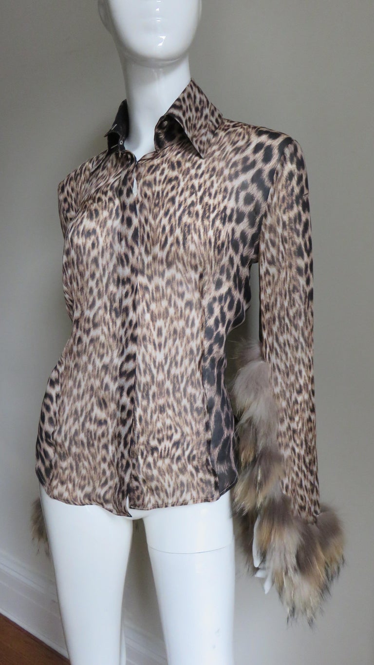 Roberto Cavalli Fur Trimmed Leopard Silk Shirt For Sale at 1stdibs