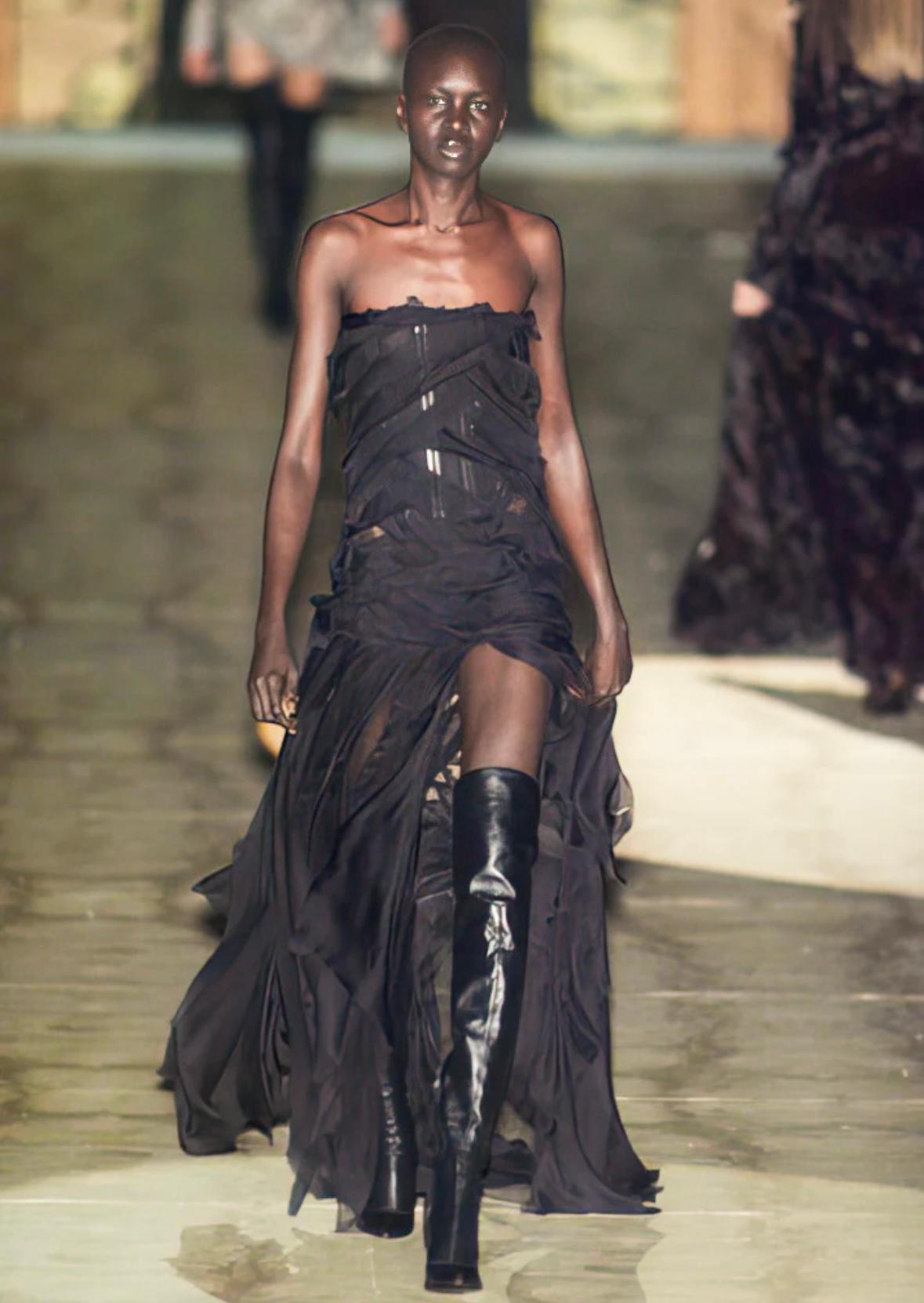 Roberto Cavalli F/W 2001 runway black silk dress 
Constructed from multiple strips of shredded silk applied onto mesh 
Built-in boned corset and bodysuit    
Intentionally distressed design  
Lightly sheer 

Size M 
Good vintage condition with a few