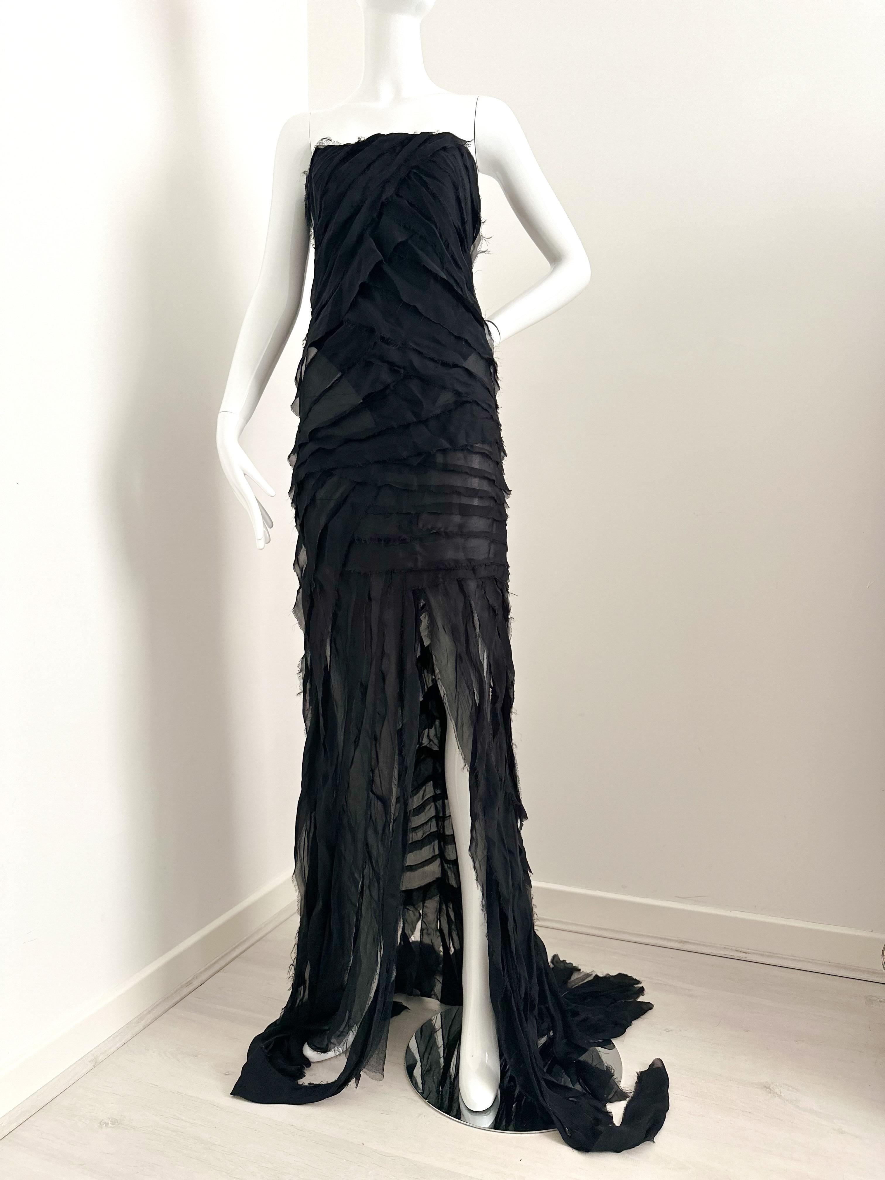 Roberto Cavalli FW 2001 runway black distressed silk maxi gown In Good Condition For Sale In North Miami, FL