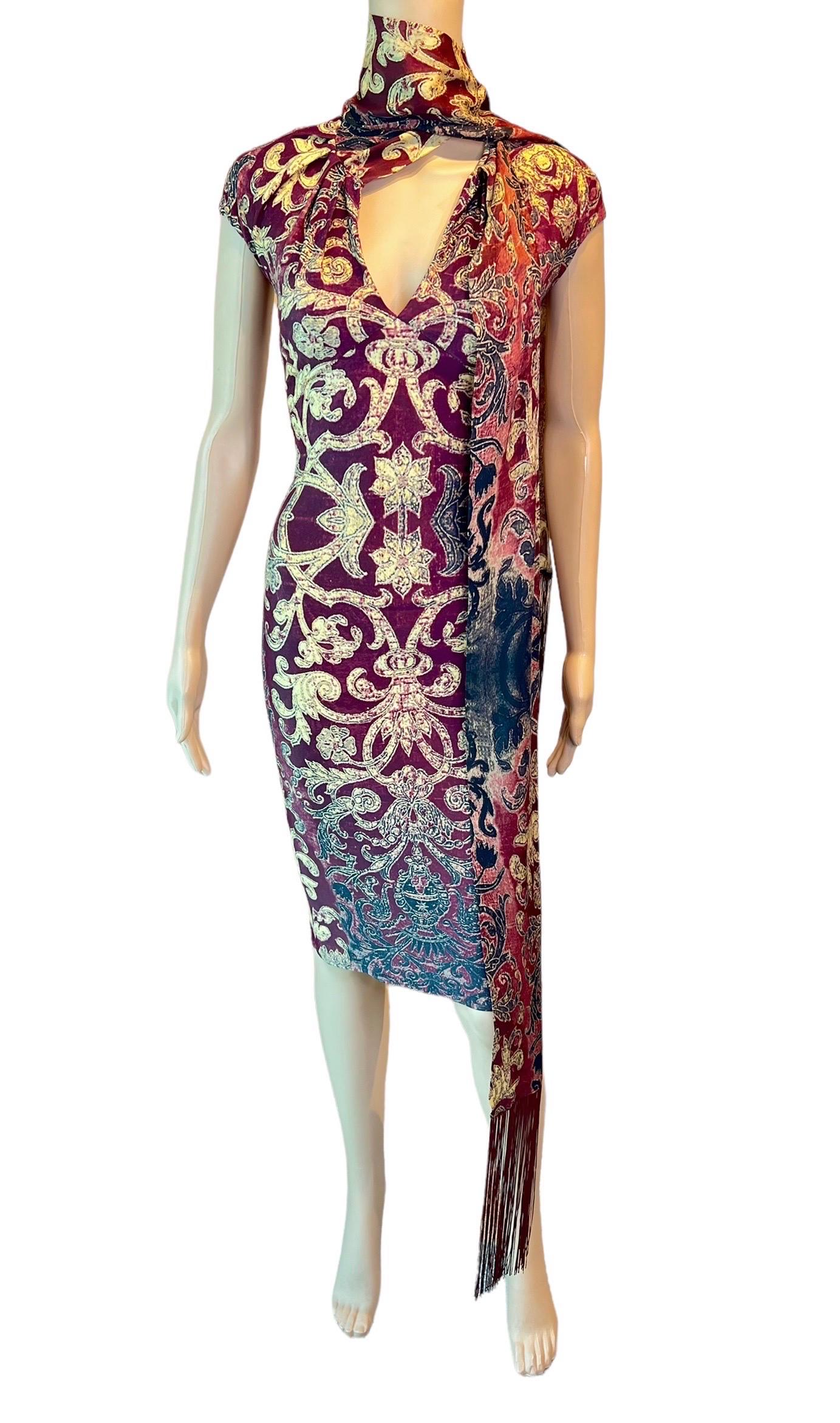 Roberto Cavalli FW 2004 Runway Red Gold Brocade Print Bodycon Fringe Scarf Dress For Sale 4